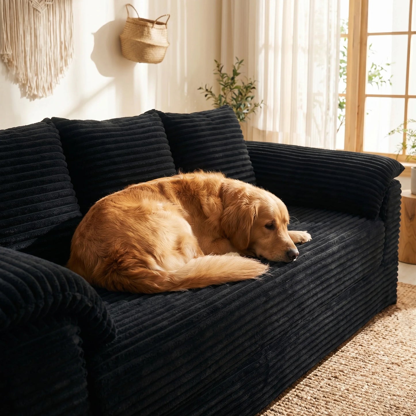 Oversized Black Striped Corduroy 3-Seater Sofa with Middle Cup Holder, Flipable Design, Customizable DIY Modular Couch, Soft Fluffy Plush Fabric Sofa, Wide Armrest Minimalist Leisure Furniture for Apartment, Bedroom & Living