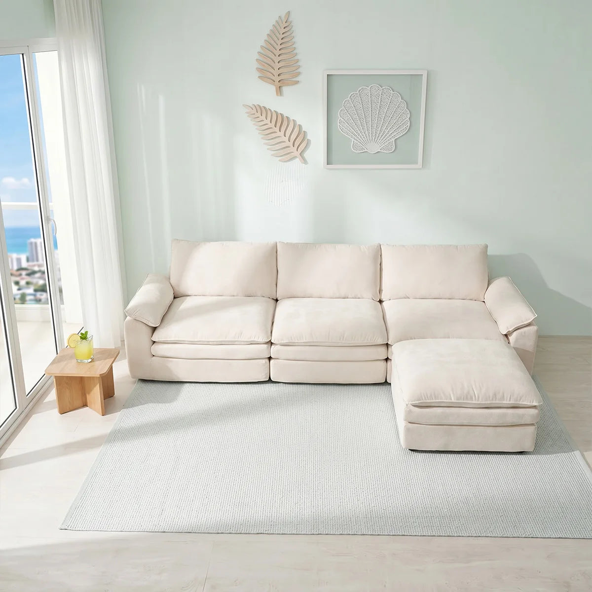 Summer Fresh Cream Style Modular Block Sofa, No Assembly Required, Deep Seat Cloud Sofa for Family Theater Room, Breathable Skin-friendly Fabric Chaise Lounge, Detachable Washable Lazy Cloud Couch for Large Living Room, Multi