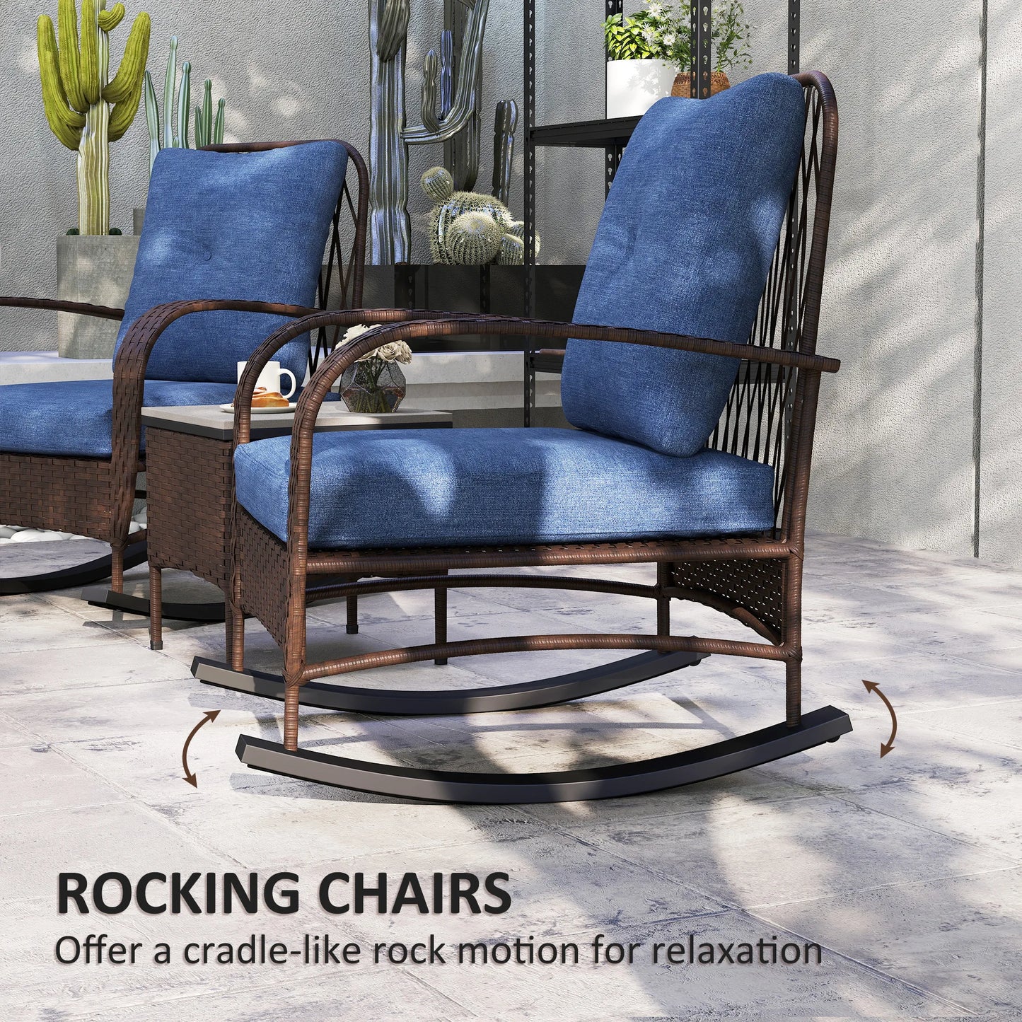 Patio Furniture Set, Rocking Chairs W/ Coffee Table, Cushion Brown