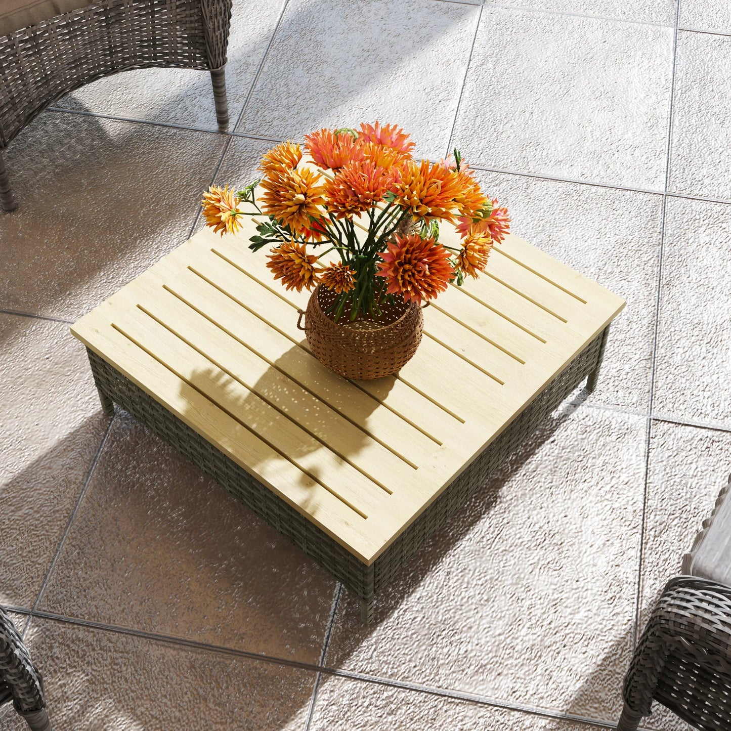 Outdoor Side Table with PE Rattan, Patio End Table with Wood Top