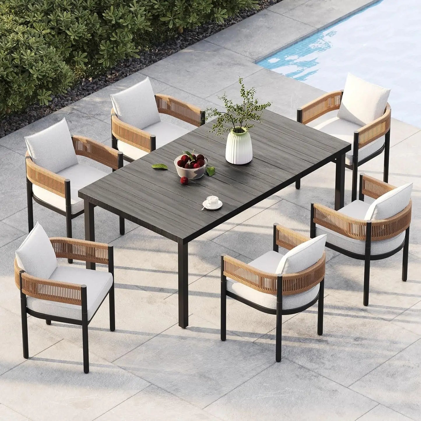 Outdoor Dining Set for 6, 7 PCS Patio Table and Chairs Set, Metal Woven Wicker Fixed Patio Chairs with Thickened Cushions & 1 R