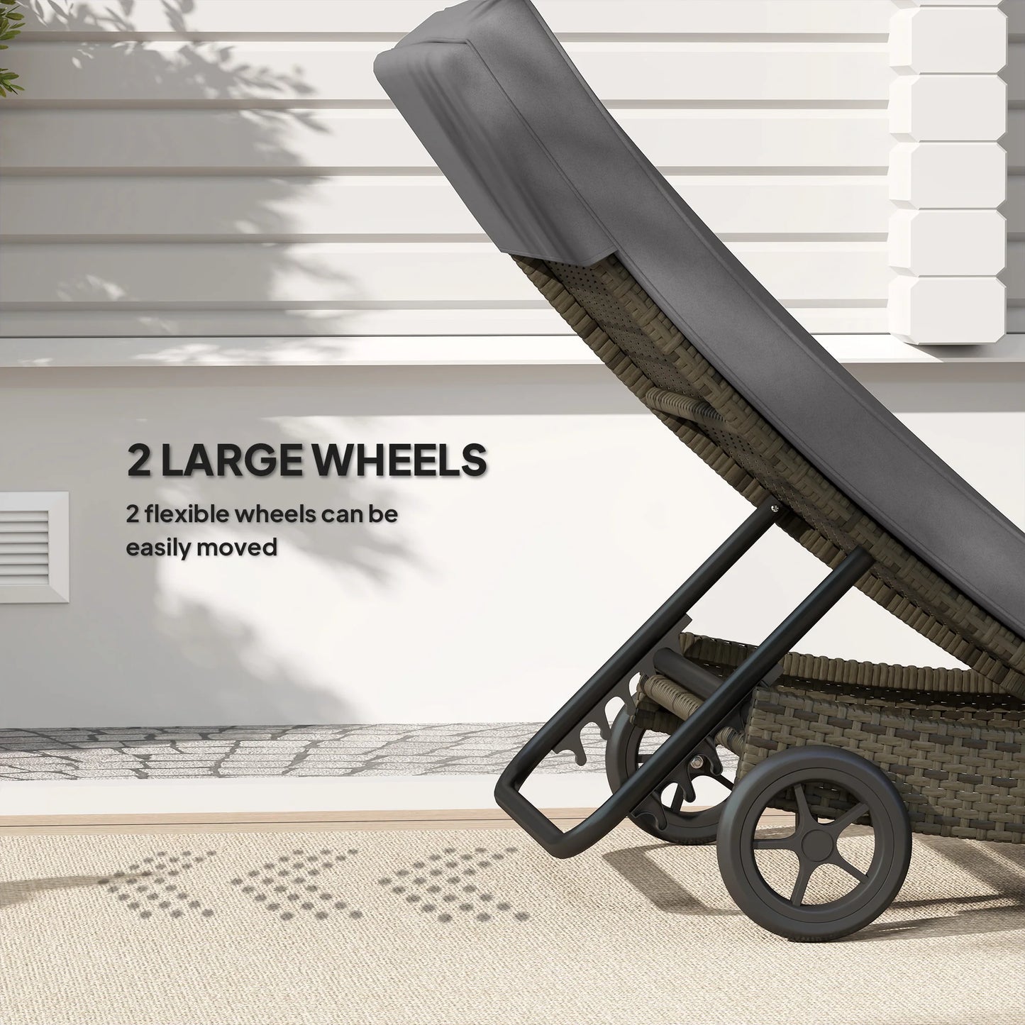Outdoor Reclining Lounge Chair, PE Wicker, Rolling Wheels, Patio, Grey