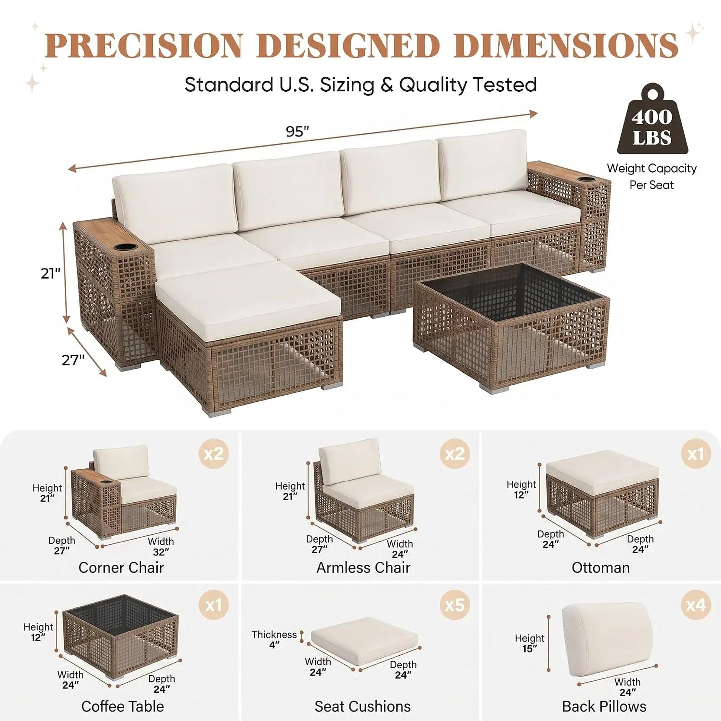 Outdoor Sectional Sofa Set 6 Pieces PE Wicker Patio Furniture with Cup Holder Wider Armrest Coffee Table Glass Tabletop , Custom