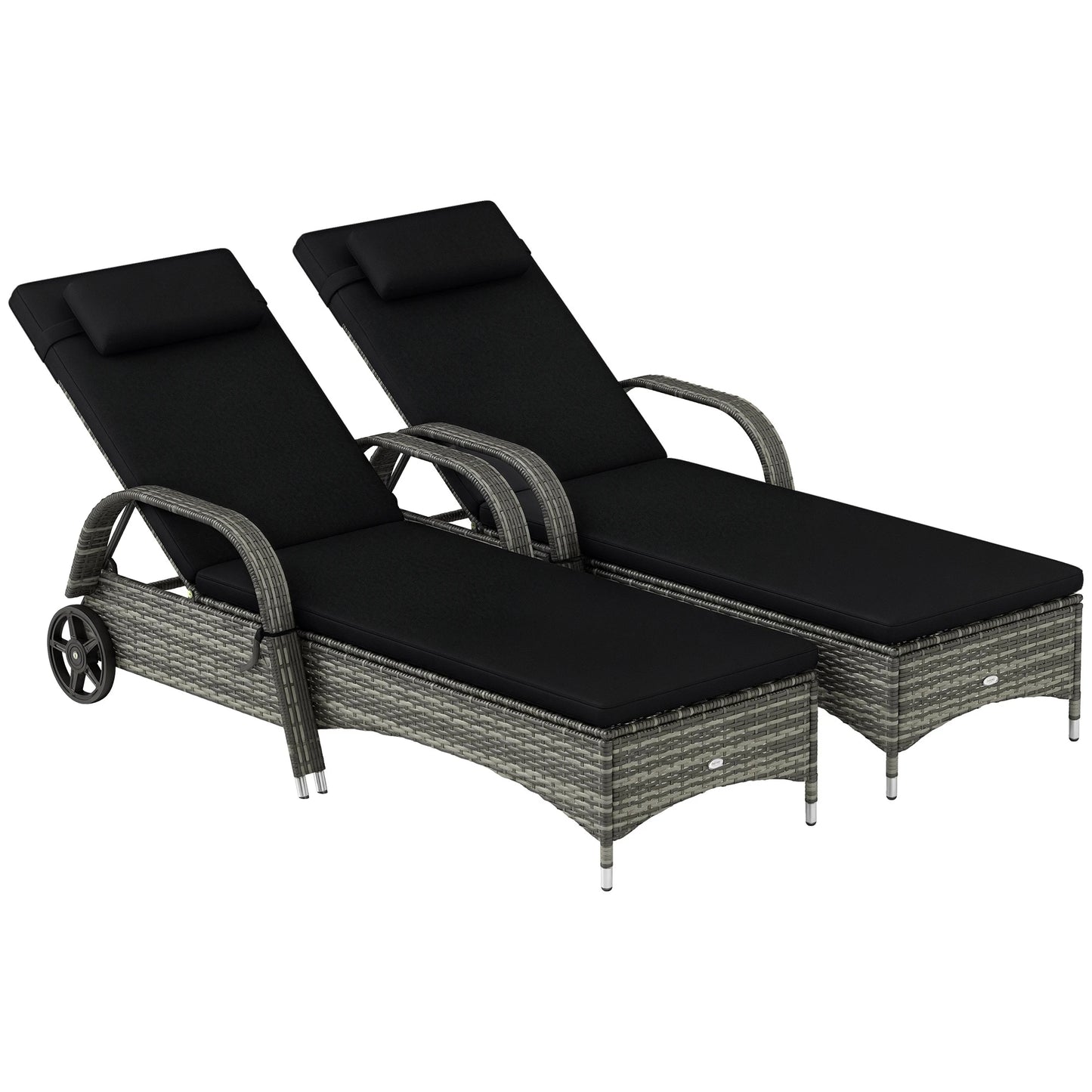 Outdoor PE Rattan Reclining Sun Lounger Set of 2 w/ Cushion, Wheels, Black