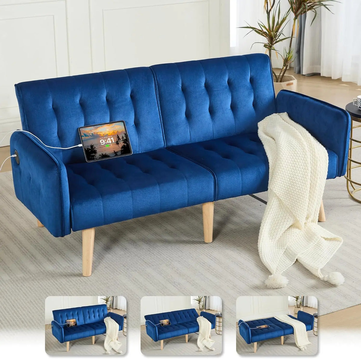TYBOATLE Tufted Futon Sofa Bed With USB And Adjustable Back