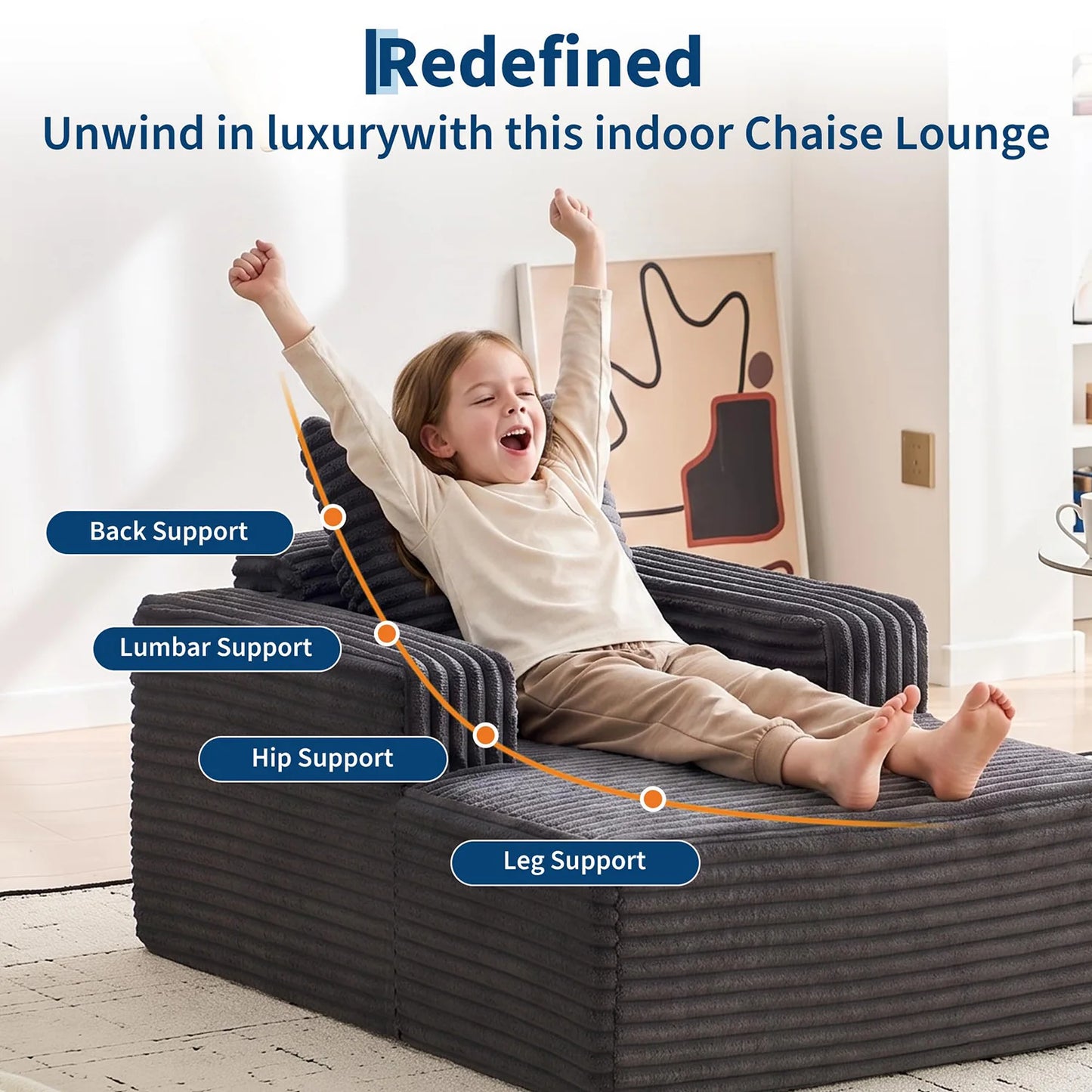 45'' Corduroy Cloud Chaise Lounge Sofa, Deep Seat Reading Chair With Wide Armrests, Back Pillow, No-Assembly Couch