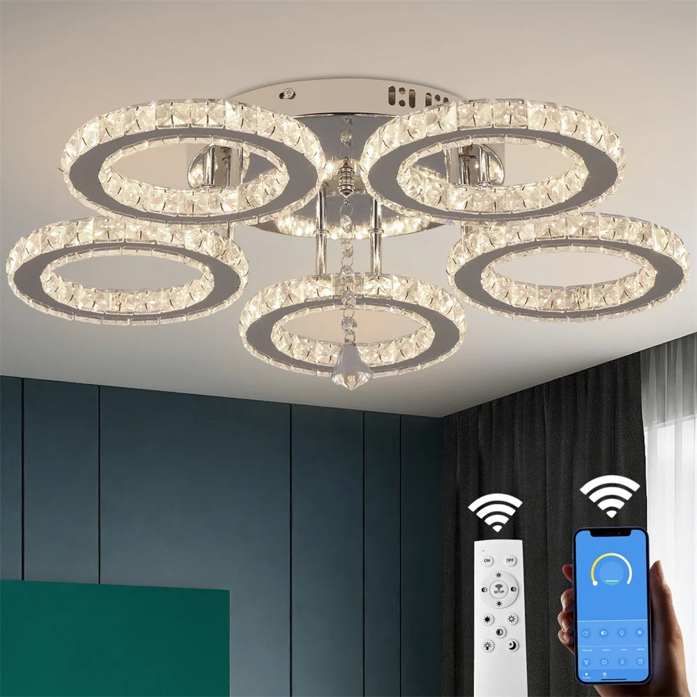 GreeLustr Modern Crystal Chandelier With App Dimmable Ceiling Light
