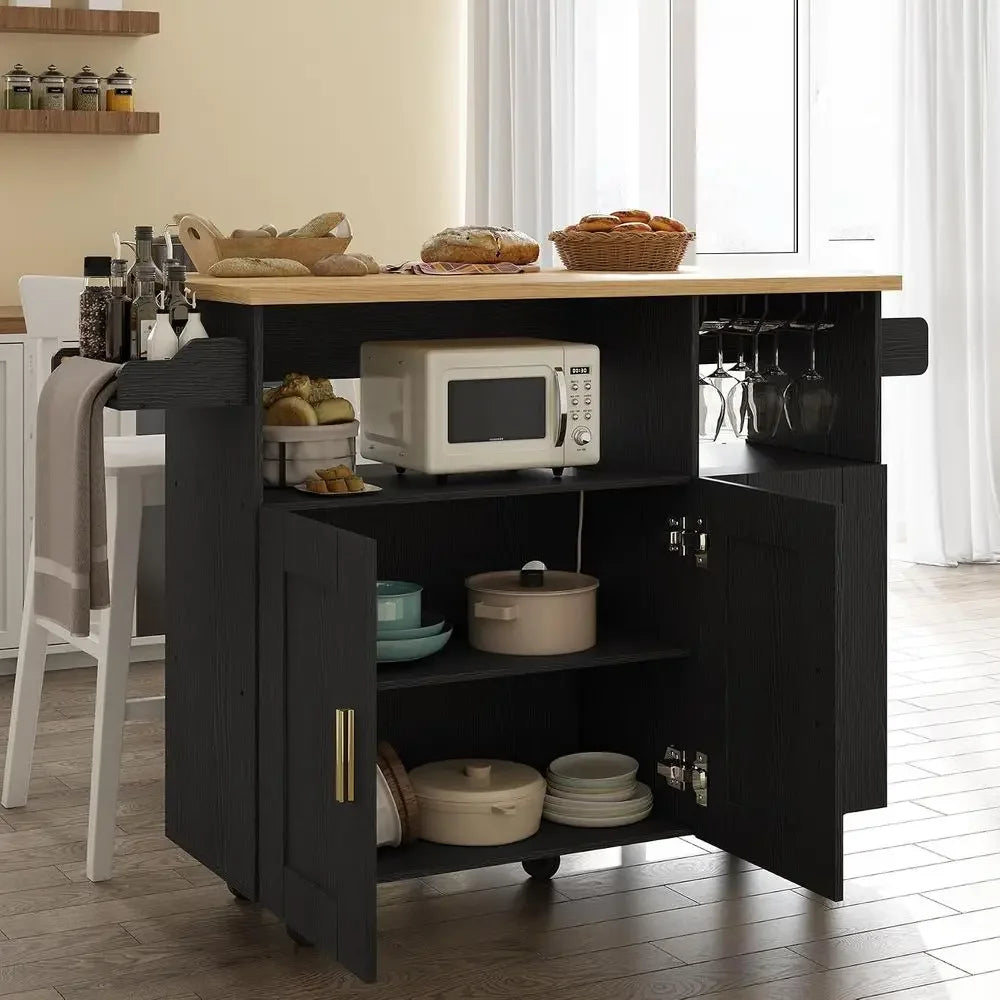 Rolling Mobile Kitchen Island with Storage and Drop Lea, Island Table with Countertop Power Socket and Wheel (Black, el 1.2)