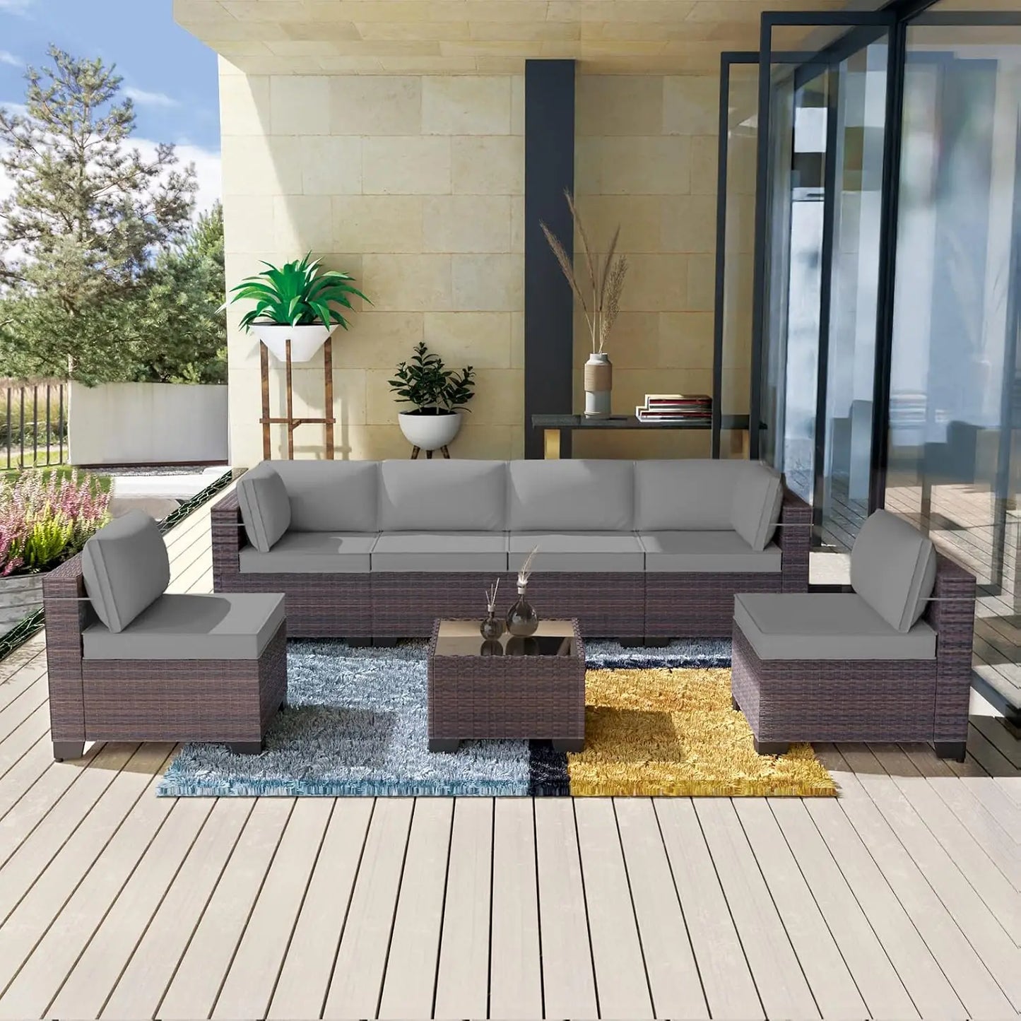 Outdoor Patio Furniture Set,12 Pieces Sectional Rattan Sofa Set Brown PE Rattan Wicker Patio Conversation Set with 10, Custom