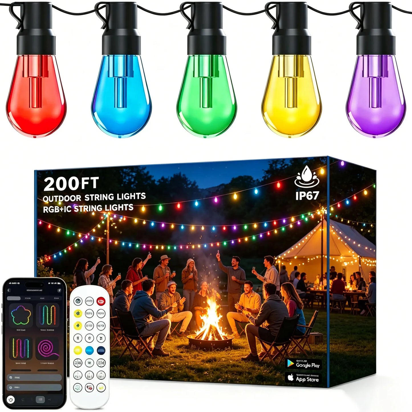 RGB IC Outdoor String Lights Dimmable With App Control IP67 Waterproof