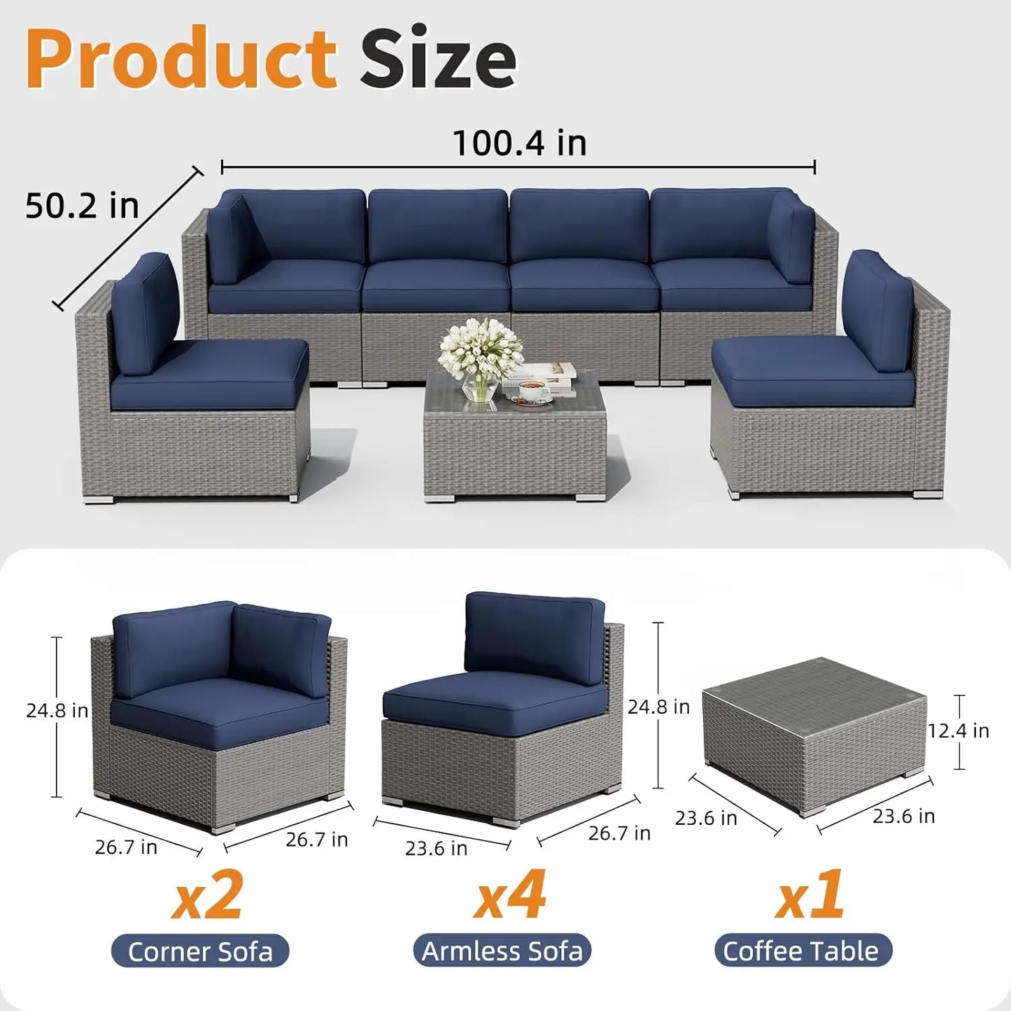 7-Piece Outdoor Patio Furniture Set Grey Rattan Wicker Sectional Sofa Conversation Sets with Cushions and Glass Top, Custom