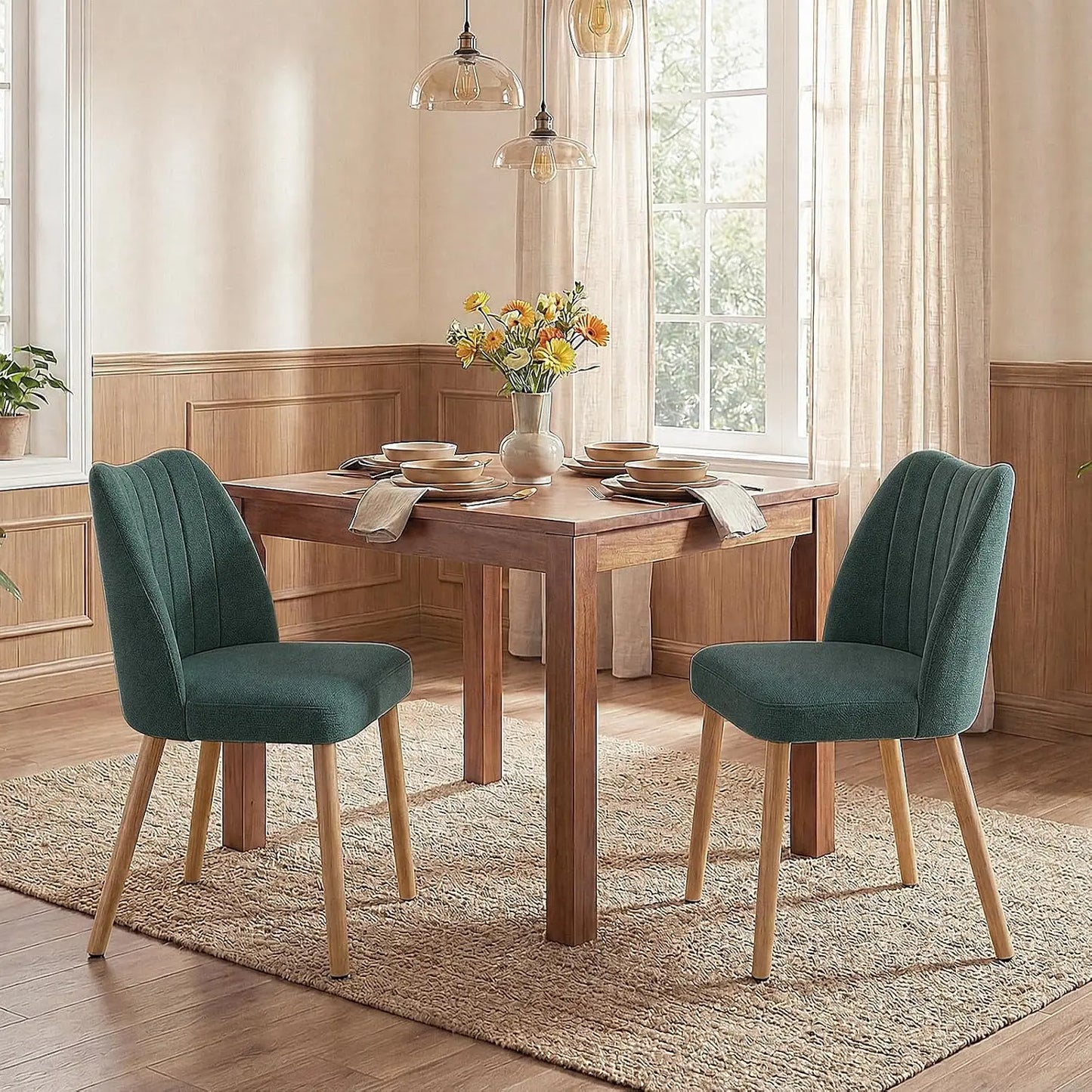 Set Of 2 Mid Century Modern Upholstered Dining Chairs, Fabric Kitchen Chairs With Curved Back And Wood Legs For Dining Room Living Room