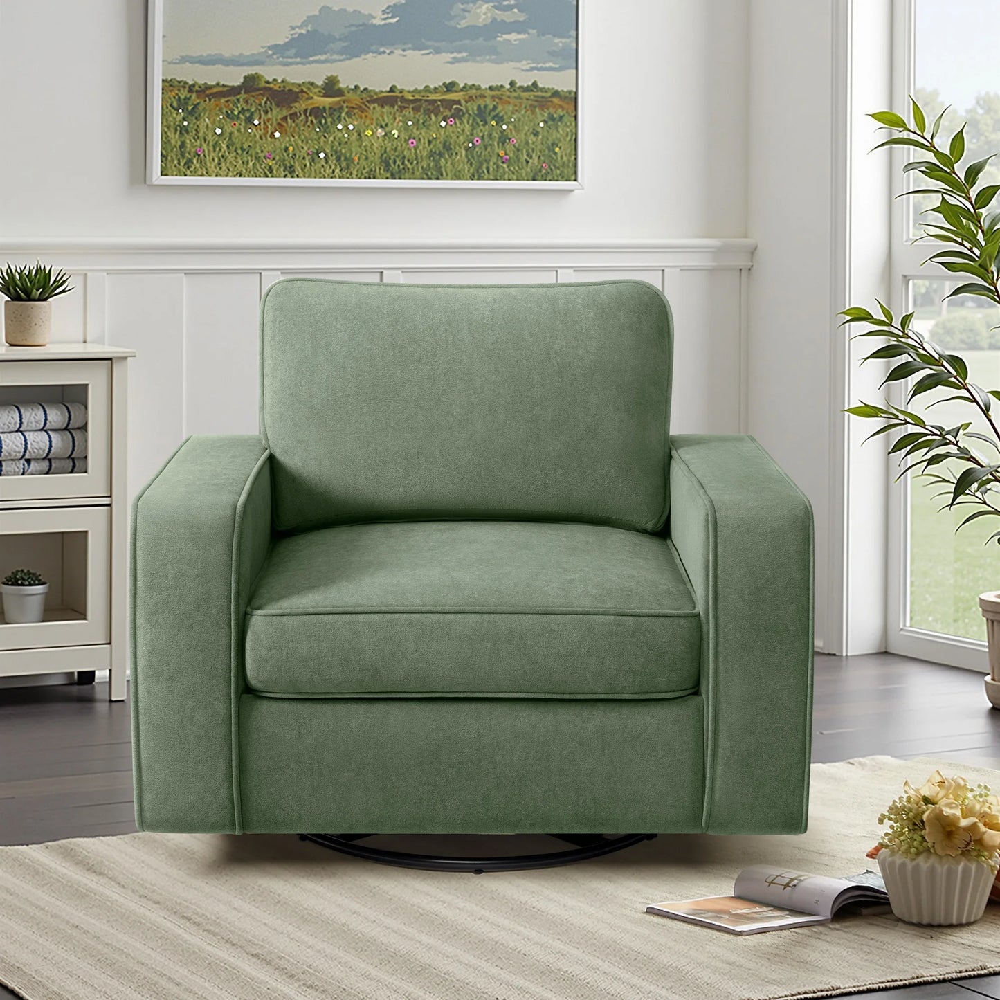 KERDOM 360° Swivel Accent Chair, PU Leather Living Room Chairs with Deep Seat and Upholstered, Square Armchairs for Bedroom, Reading Nook, Easy Assemble, Espresso