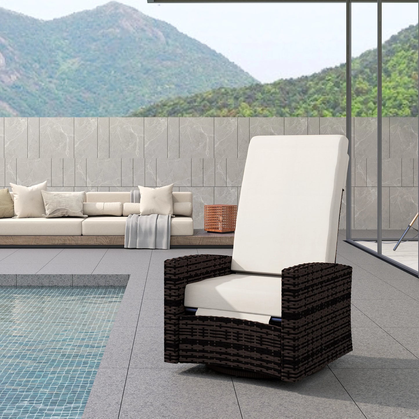 Reclining Rattan 360° Swivel Chair, Outdoor Patio Cushioned Recliner Khaki