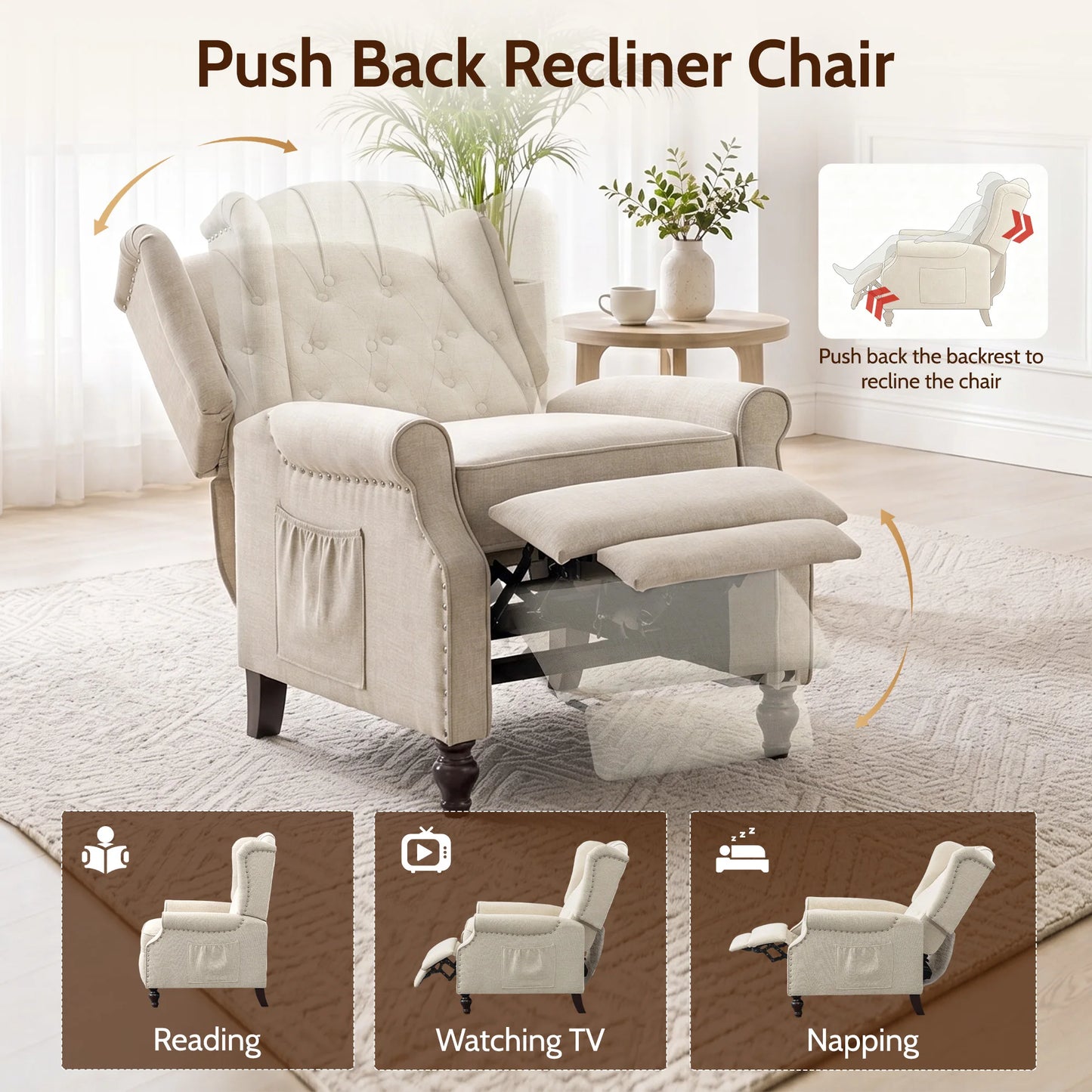 TCGBKAF Mid Century Wingback Pushback Recliner Armchair Massage & Heated Recliner Chair with Button-Tufted Back, Rivet Decoration and Solid Wood Legs for Living Room, Bedroom & Office