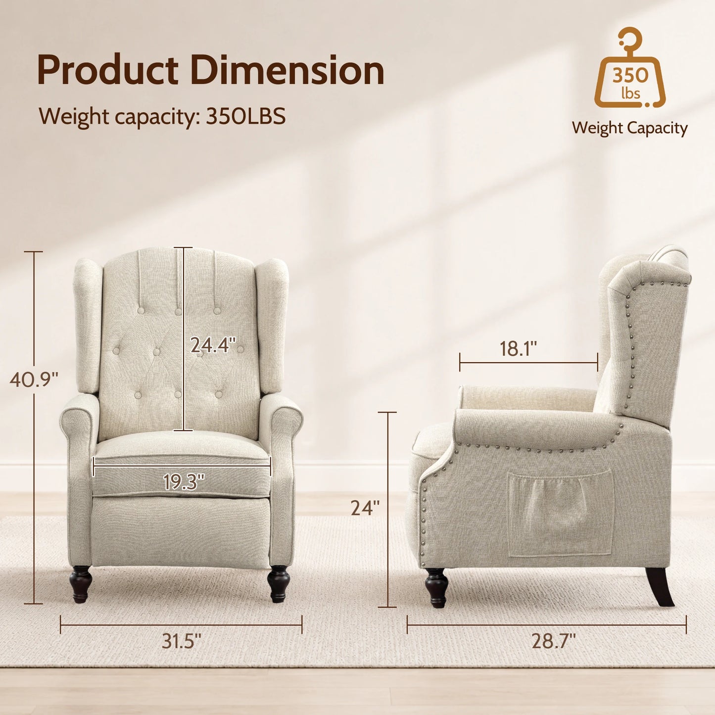 TCGBKAF Mid Century Wingback Pushback Recliner Armchair Massage & Heated Recliner Chair with Button-Tufted Back, Rivet Decoration and Solid Wood Legs for Living Room, Bedroom & Office