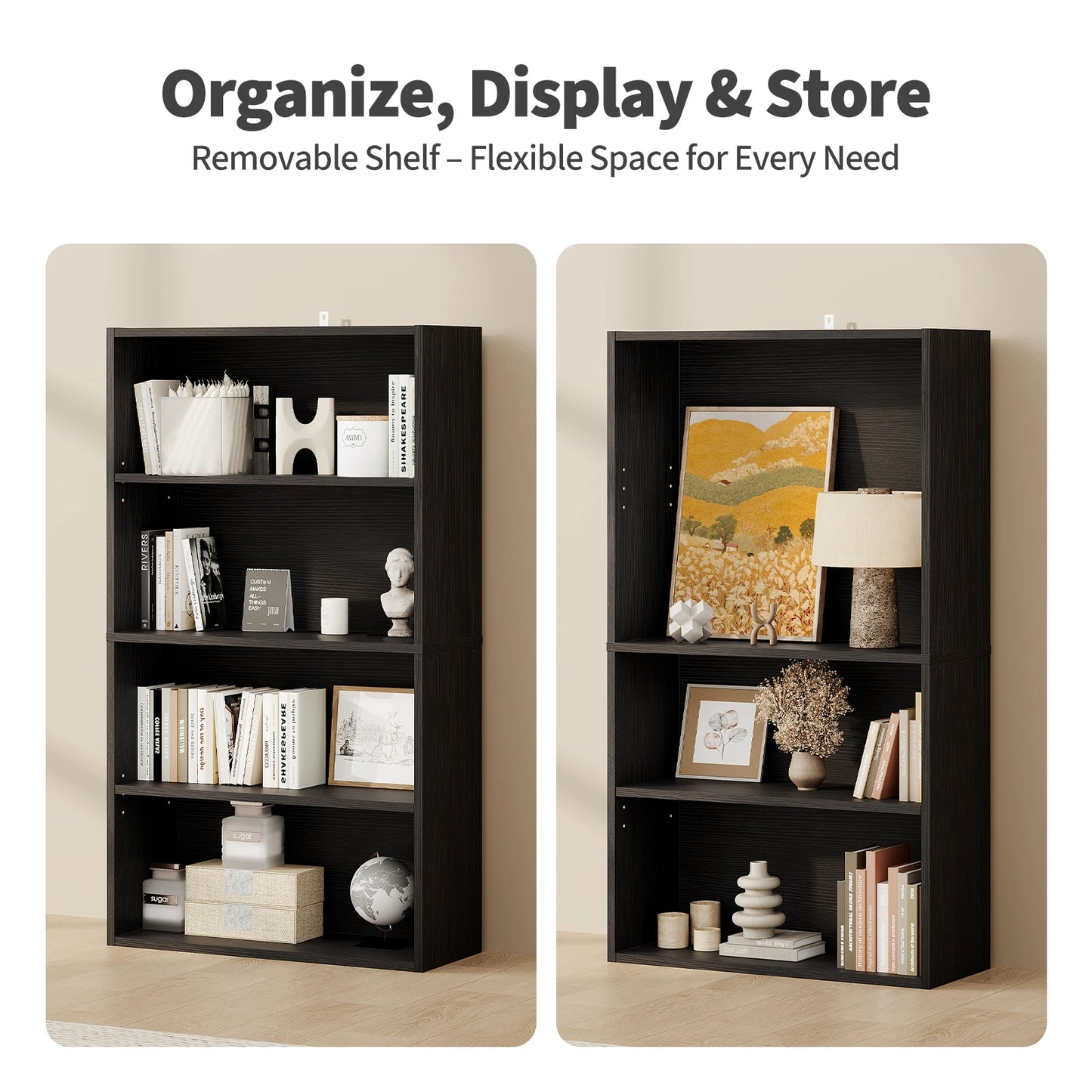 JHK 4 Tier Wooden Shelf Bookcase Tall Floor Standing Open Bookshelf Living Room