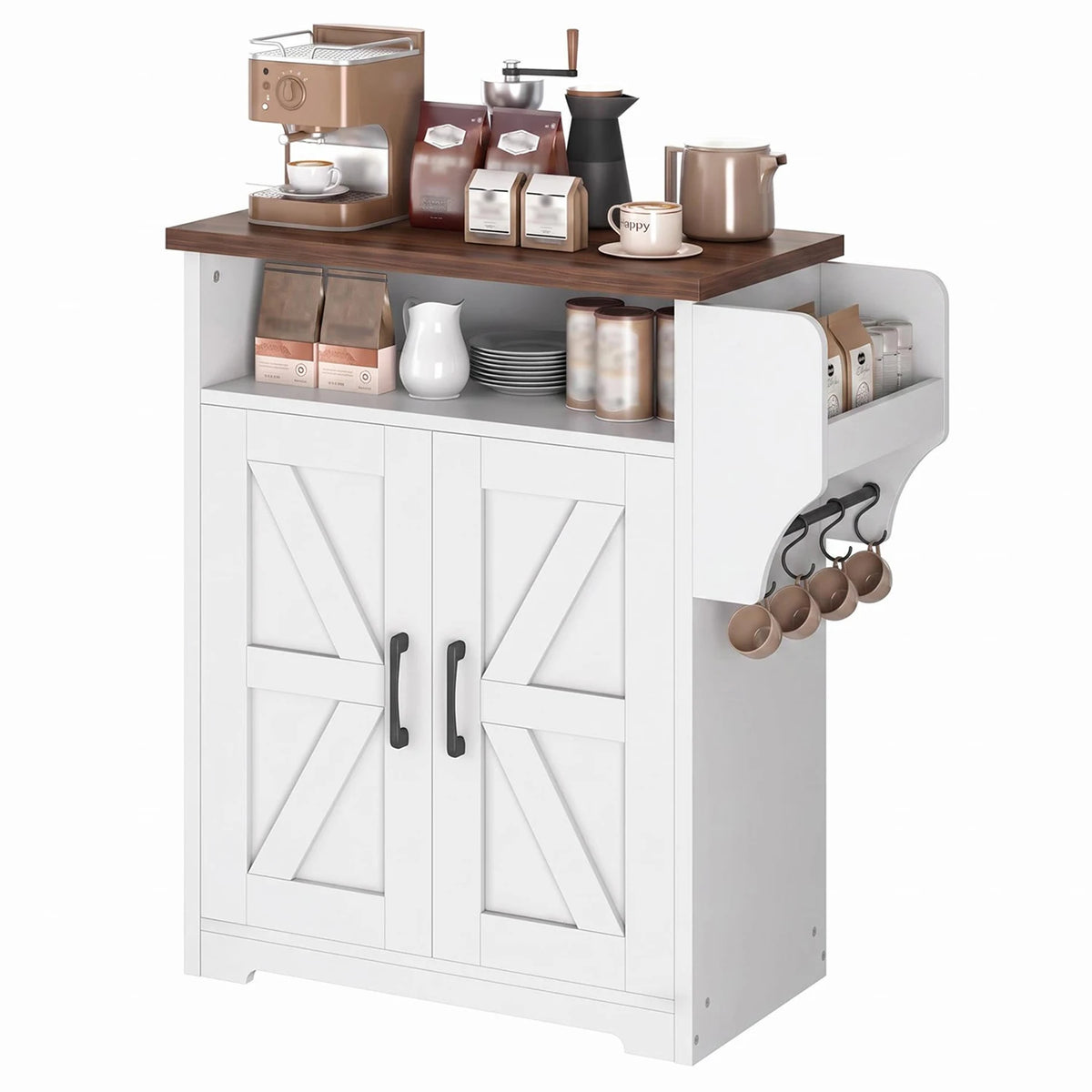 HiMISS Farmhouse Coffee Bar Cabinet With Mug Shelf And Hooks