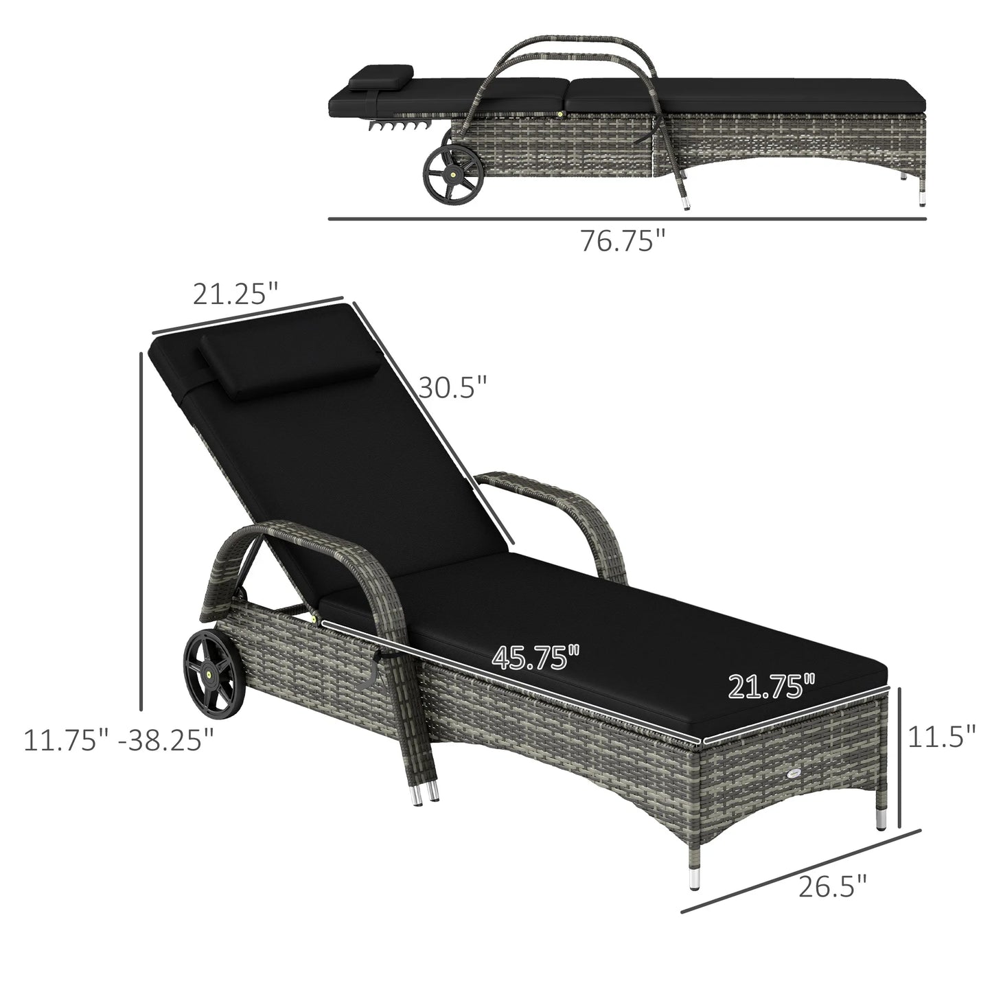 Outdoor PE Rattan Reclining Sun Lounger Set of 2 w/ Cushion, Wheels, Black