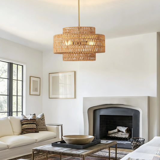 ARLGSITE Boho Woven Rattan Four Light Pendant Chandelier