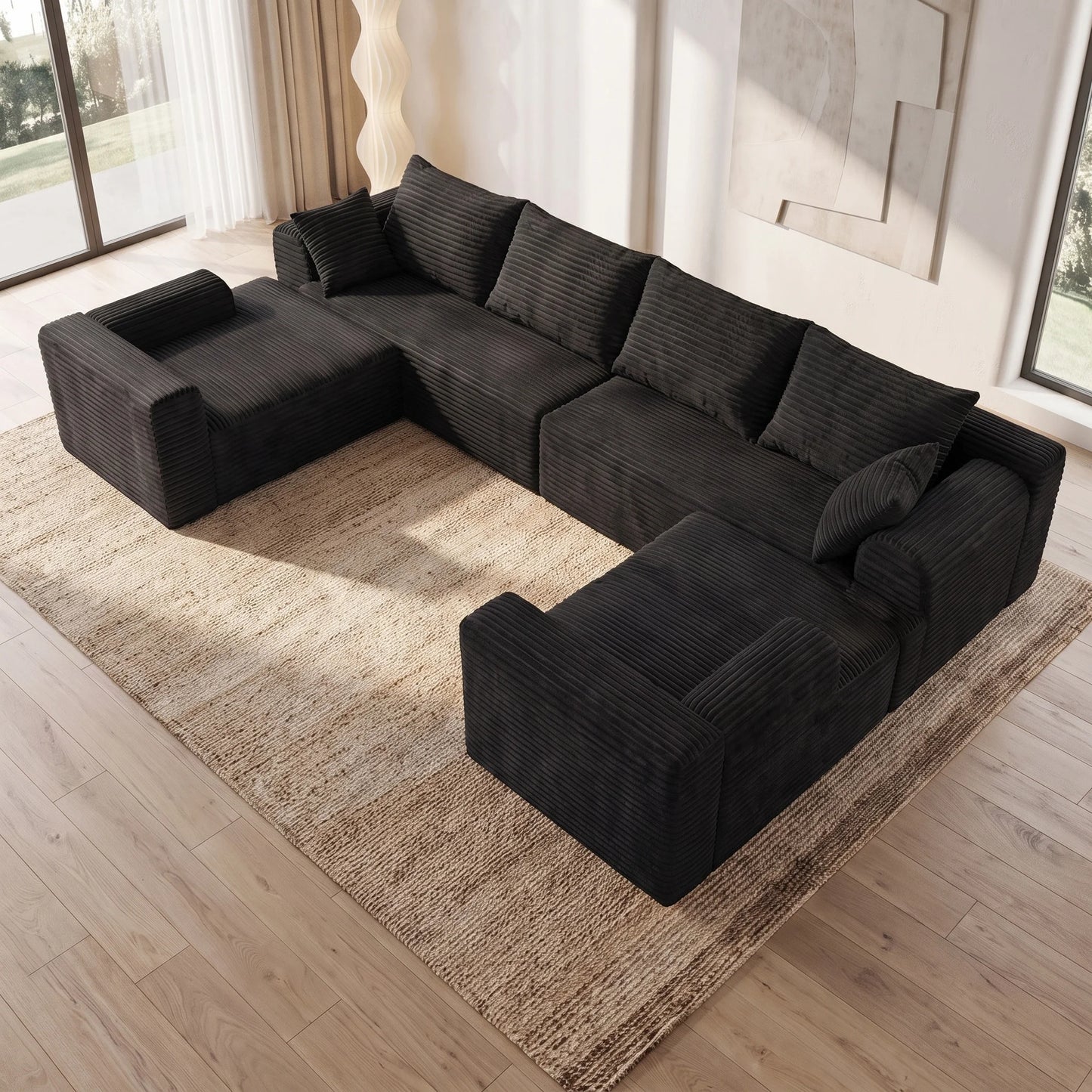 118" Oversized Modular Black Corduroy Sectional Sofa, U-Shaped Corner Couch, DIY Freely Combinable, Soft Comfort Cloud Block Lazy Sofa for Living Room, Convertible Sofa Bed