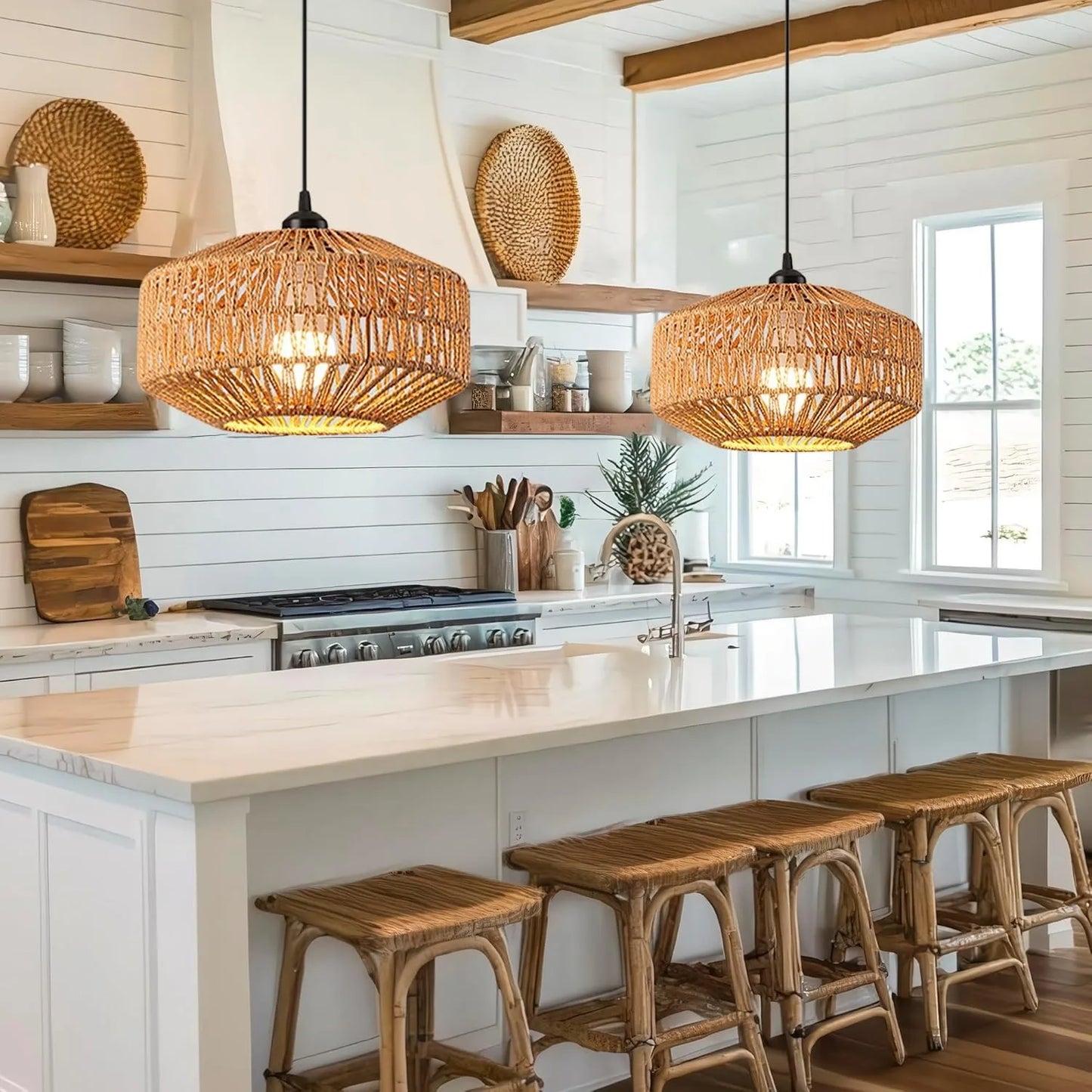 Classic Ceiling Light Handmade Rattan Weaving Hanging Chandelier Lamps For Living Bedroom Home Decor Pendant Light E27 Fixture