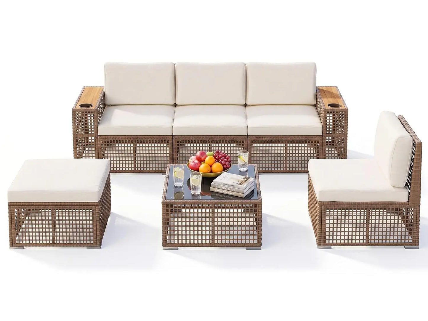 Outdoor Sectional Sofa Set 6 Pieces PE Wicker Patio Furniture with Cup Holder Wider Armrest Coffee Table Glass Tabletop , Custom