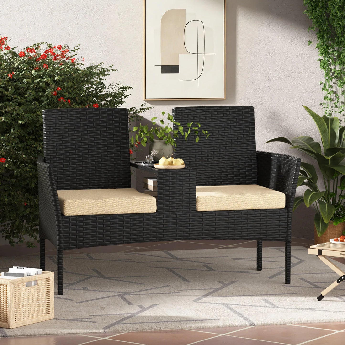 1 Piece Wicker Double Seat Patio Loveseat with Built-in Middle Tea Table, Cushioned Weatherproof Patio Furniture, Comfort Leisure Outdoor Furniture, Sturdy Outdoor Patio Furniture Set for Balcony Porch Garden