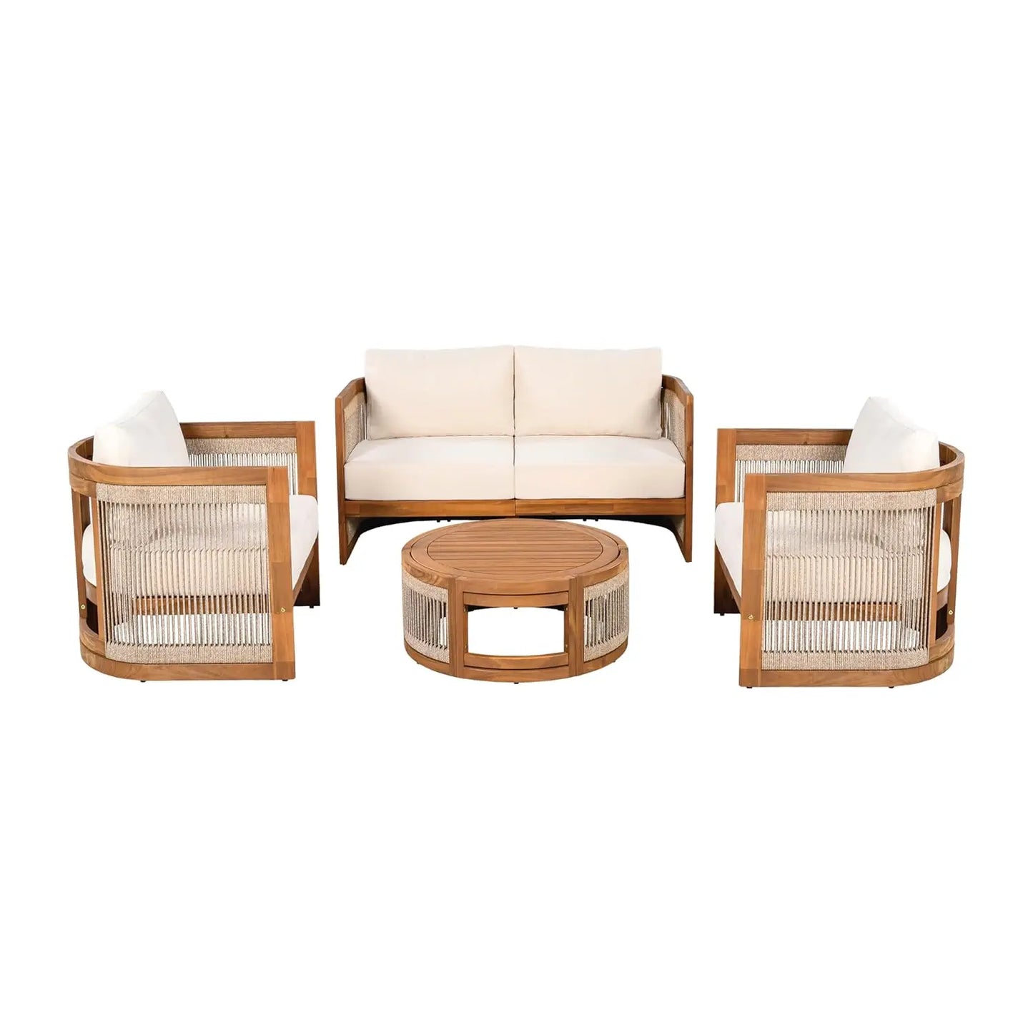 4-Piece Patio Conversation Set, All Weather Sectional Sofa Set w/ 2 Chairs, Loveseat & Table Premium, Acacia Wood Outdoor Furnit