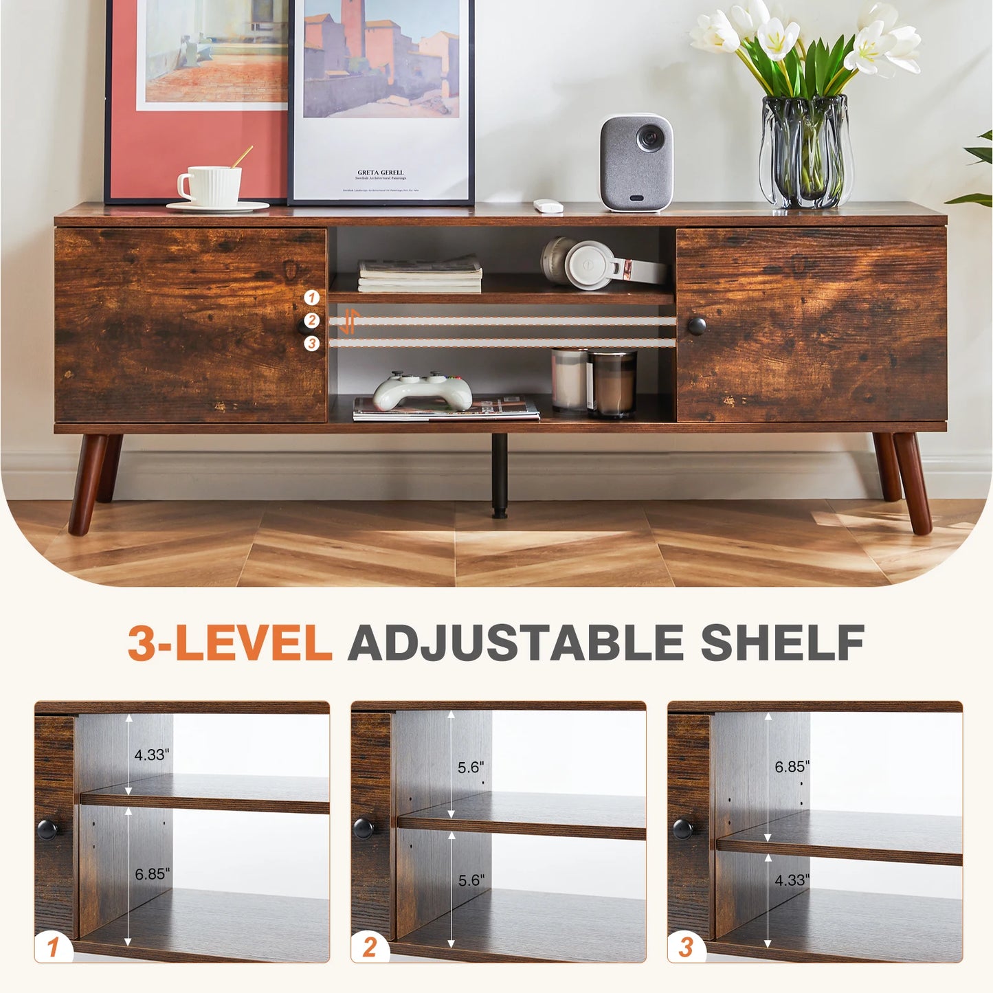 MCQ Living Room Wooden For 50 Up To 60 Inch TV Stand Adjustable Shelf 2 Storage Entertainment Center For Home Media Console
