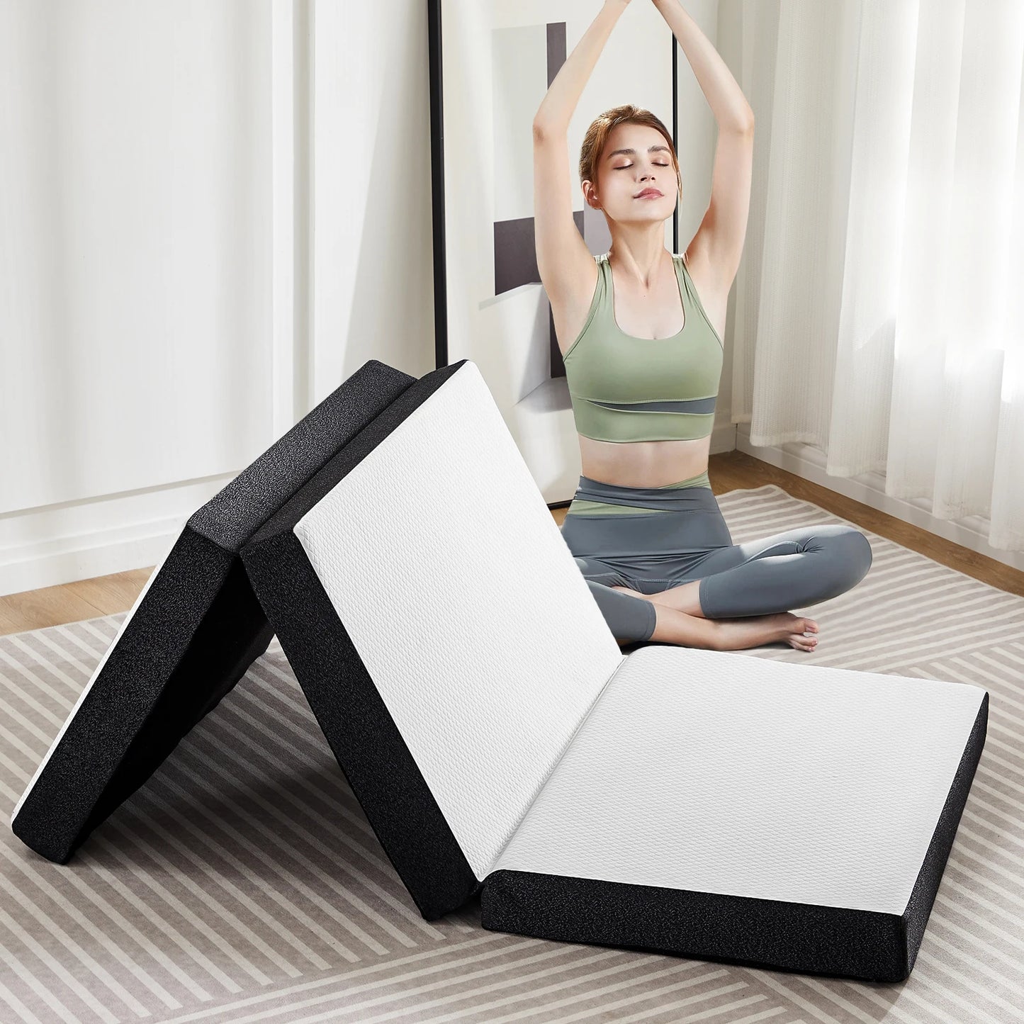 JHK 3-4Inch Soft Mattress Tri-Fold Memory Foam Mattress with Collapsible and Washable Cover Portable Floor Bed for Travel Yoga