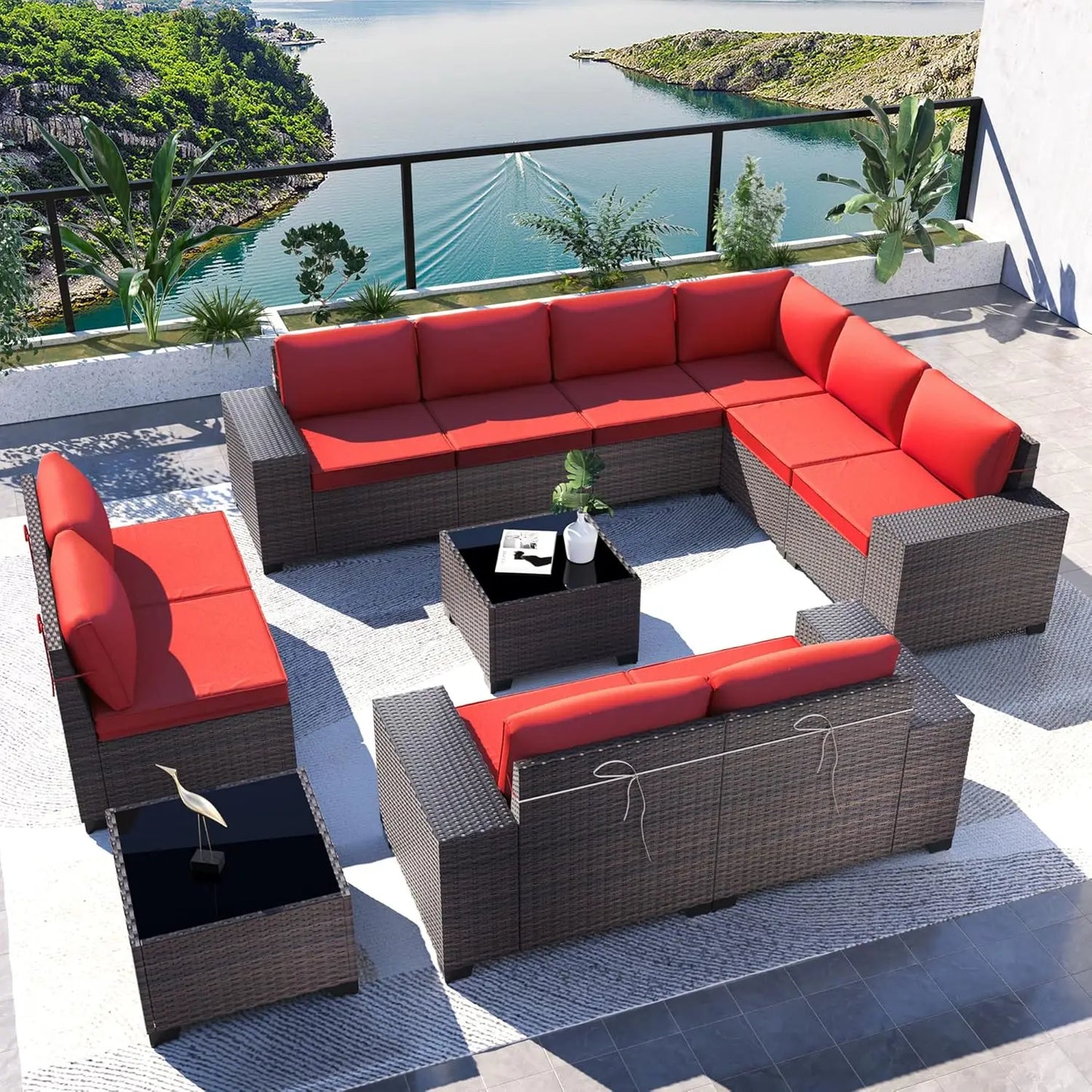 Outdoor Patio Furniture Set,12 Pieces Sectional Rattan Sofa Set Brown PE Rattan Wicker Patio Conversation Set with 10, Custom