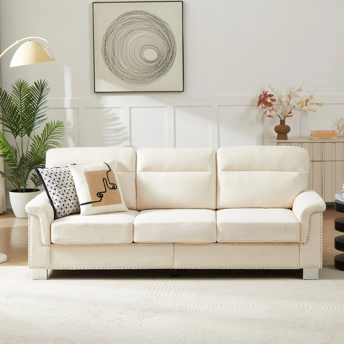 Modern Three Seater Sofa With Nailhead Trim And Metal Legs