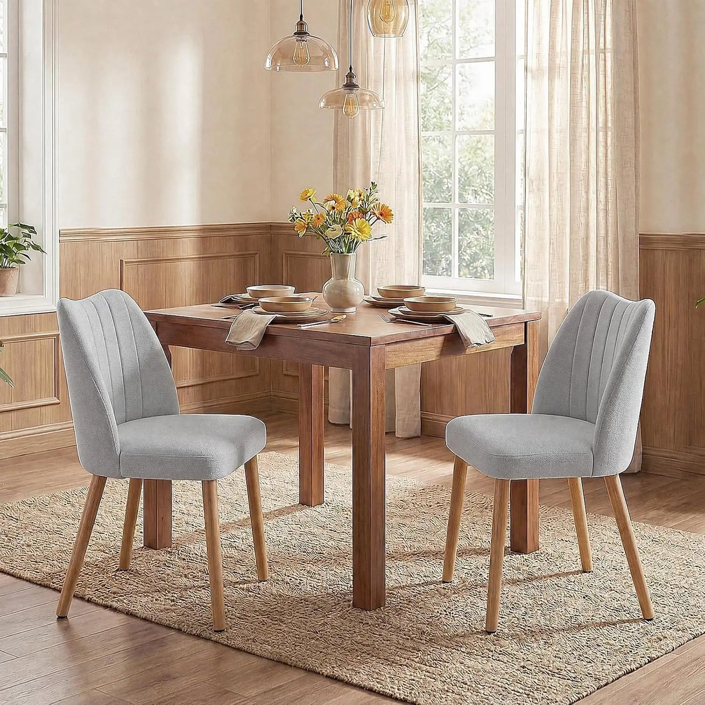Set Of 2 Mid Century Modern Upholstered Dining Chairs, Fabric Kitchen Chairs With Curved Back And Wood Legs For Dining Room Living Room