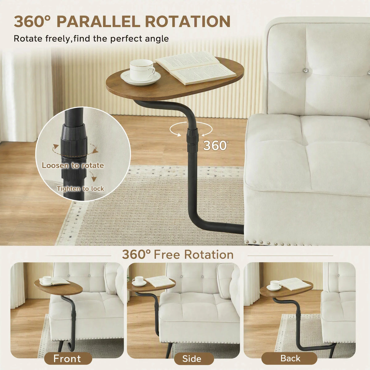 Modern Velvet Sofa With Rotating Side Table For Small Spaces