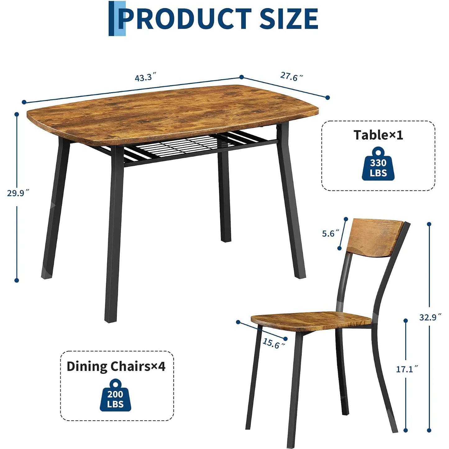 5 Piece Dining Table Set For 4, 43 Inch Kitchen Table And 4 Chairs With Storage Shelf, Space Saving Dining Set For Apartment