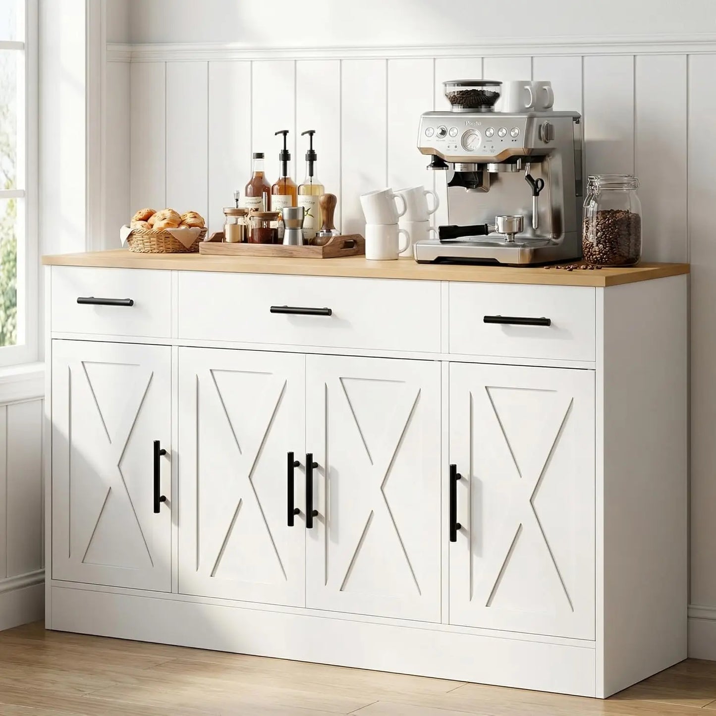 Buffet Cabinet With Four Doors And Three Drawers Coffee Bar