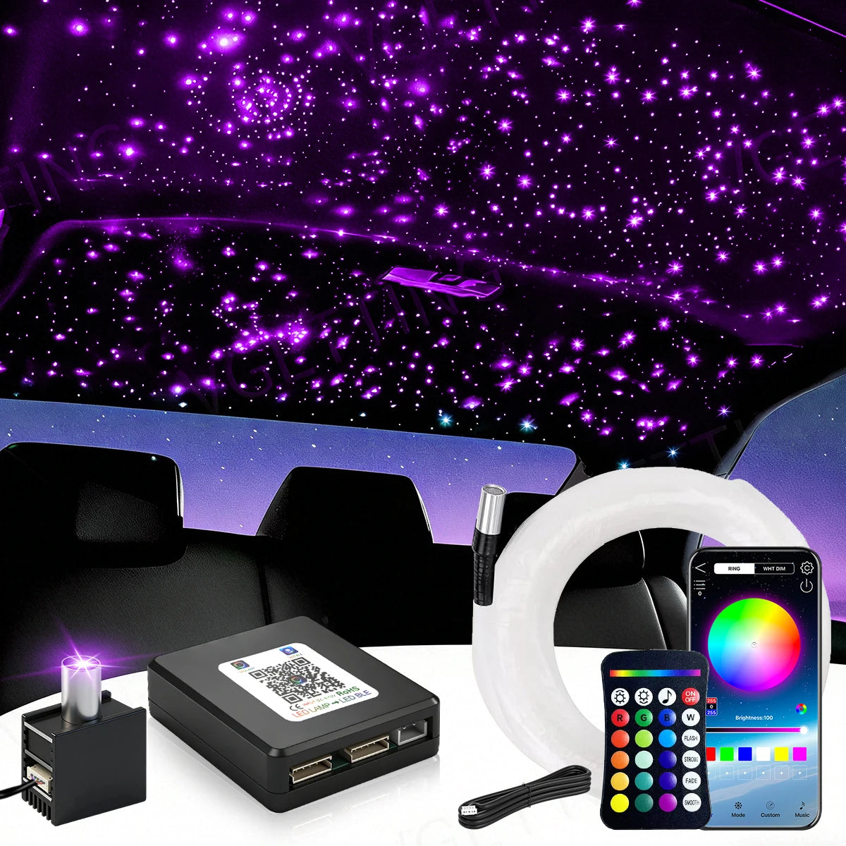 16W Split Starlight Headliner Kit, Fiber Optic RGBW Star Lights for Car Roof Ceiling with 1/2/4 Light Heads, APP/Remote Control, Static 10 Colors
