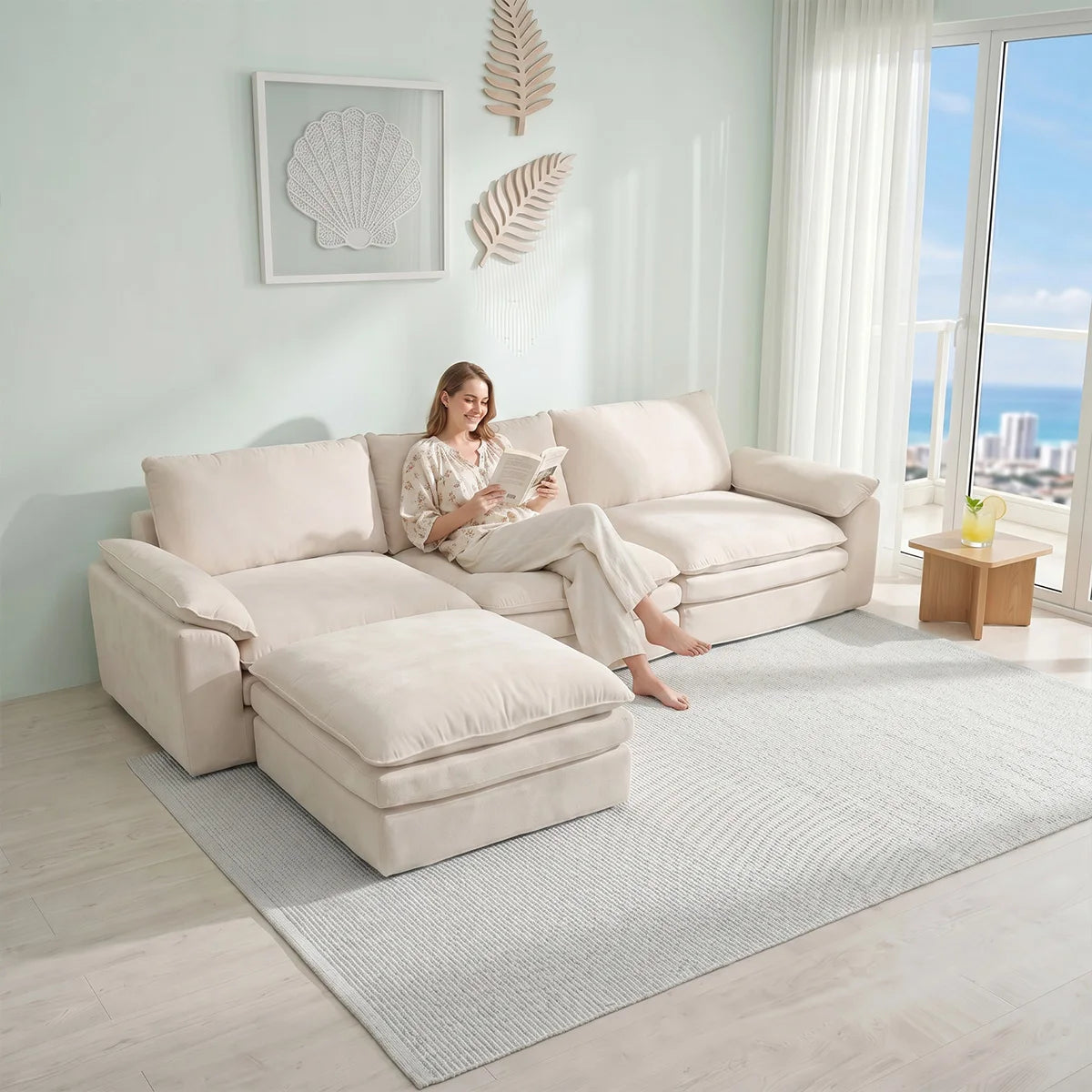 Summer Fresh Cream Style Modular Block Sofa, No Assembly Required, Deep Seat Cloud Sofa for Family Theater Room, Breathable Skin-friendly Fabric Chaise Lounge, Detachable Washable Lazy Cloud Couch for Large Living Room, Multi