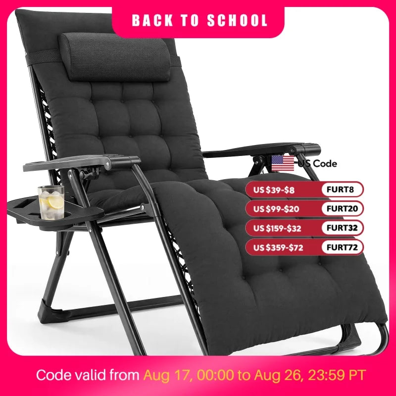 JHK Zero Gravity Recliner Camping Patio Lounge Chair Folding Portable with Cup Holder Trays Removable Cushion For Outdoor Garden