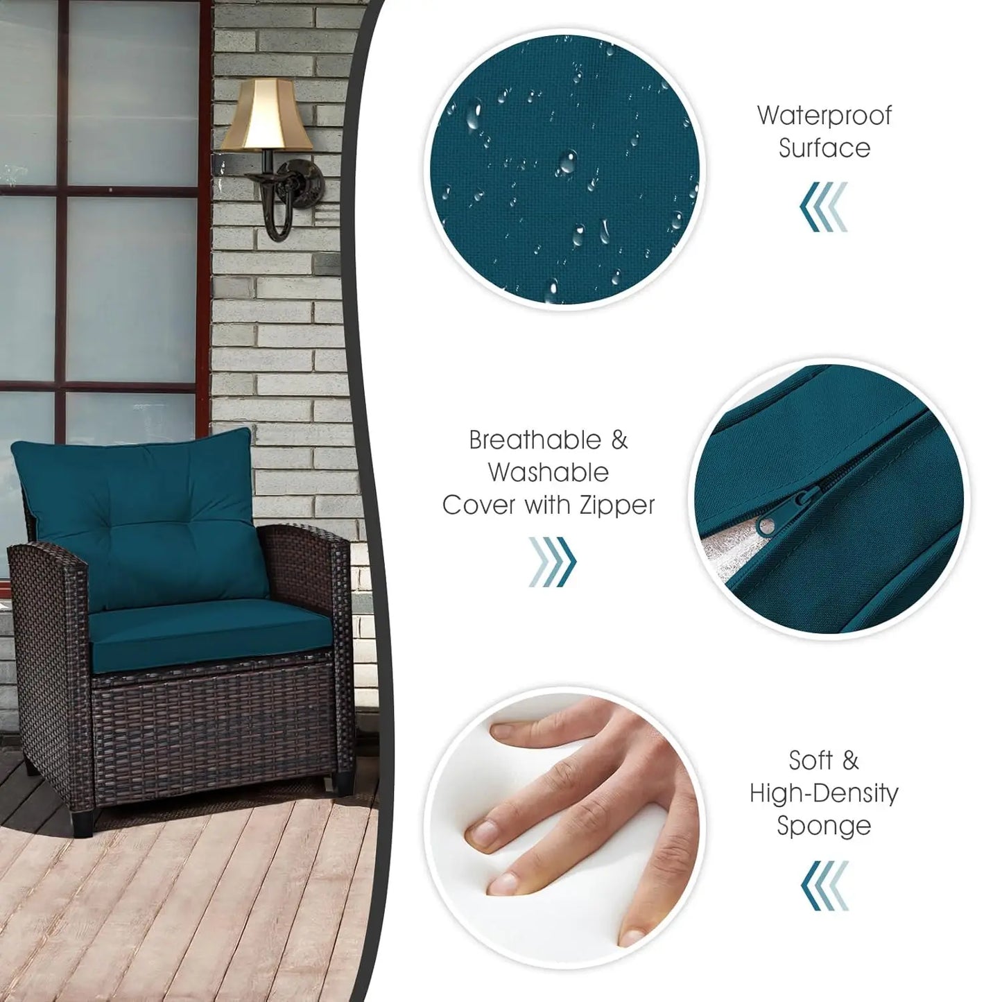 3 Pieces Patio Furniture Set, PE Rattan Wicker 3 Pcs Outdoor Sofa Set w/Washable Cushion and Tempered Glass, Customized