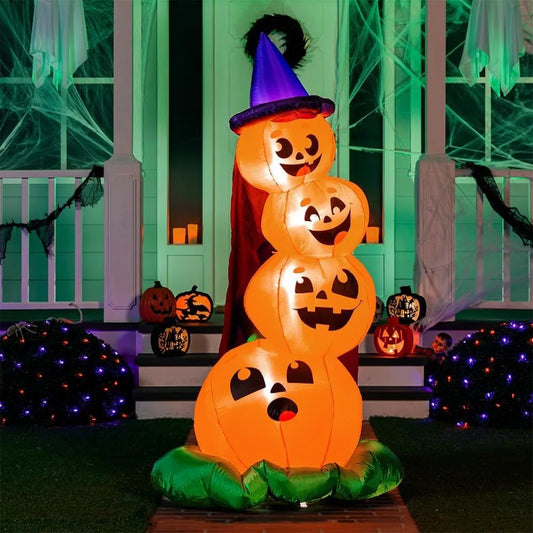 Illuminated Stacked Pumpkin With Witch Hat Halloween Inflatable Decor