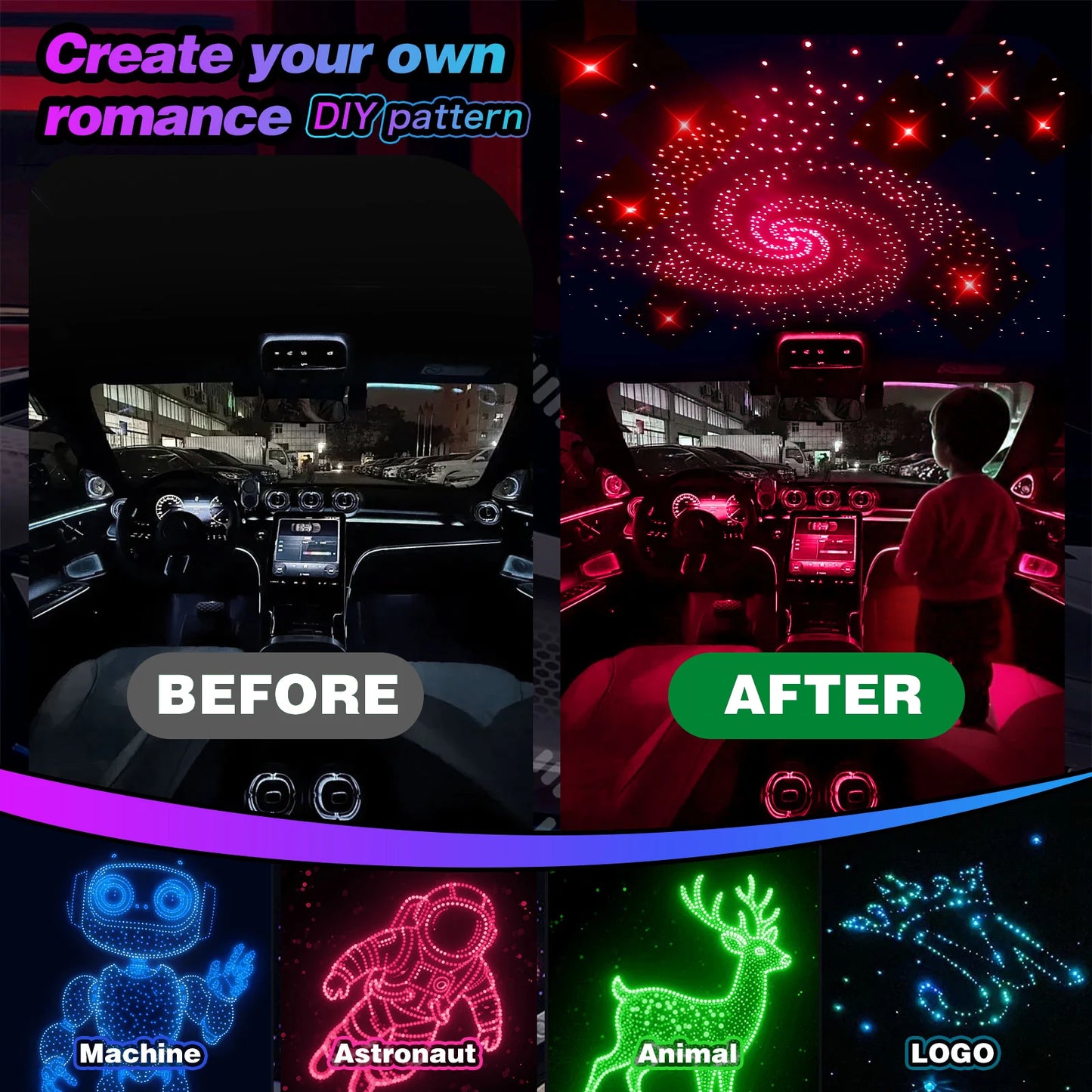 16W Split Starlight Headliner Kit, Fiber Optic RGBW Star Lights for Car Roof Ceiling with 1/2/4 Light Heads, APP/Remote Control, Static 10 Colors