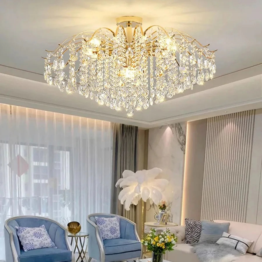 Luxury Crystal Pendant Light Lustre Chandelier LED Ceiling Lamp for Living Dining Room Bedroom Modern Home Gold 3 Color Lights