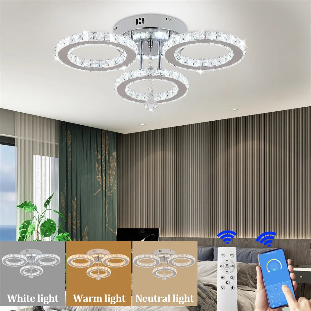 GreeLustr Modern Crystal Chandelier With App Dimmable Ceiling Light