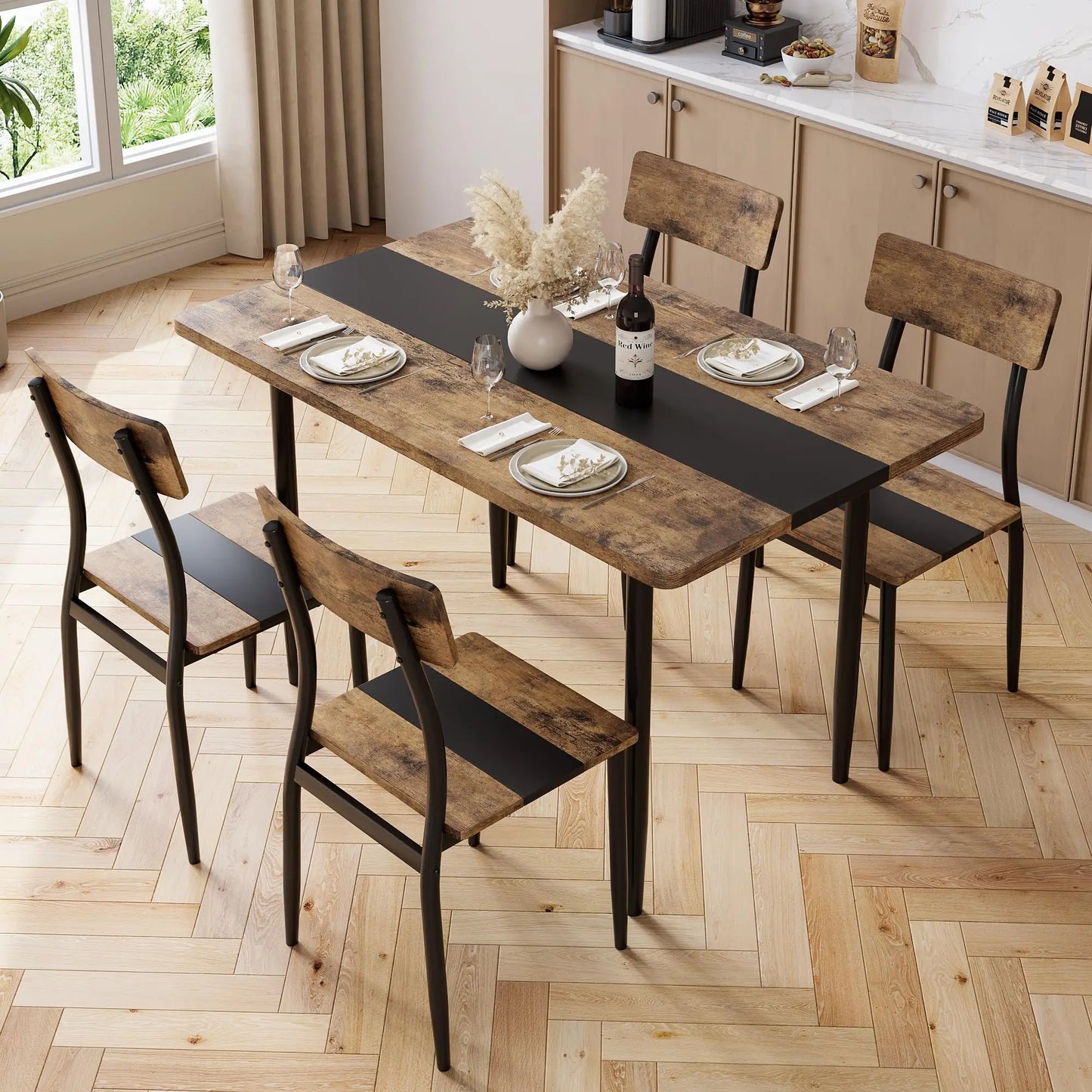 Dining Table Set For 4 With Chairs, Kitchen Table, 2 Tone MDF Top Metal Frame, Space Saving Set For Apartment Home