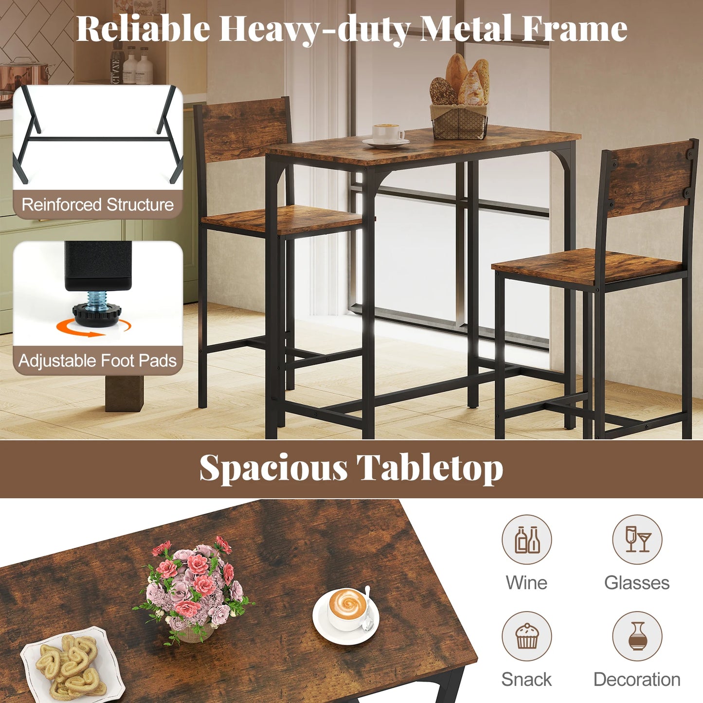 3 Piece Bar Table & Chair Set Kitchen Table w/ 2 Bar Stools for Small Space