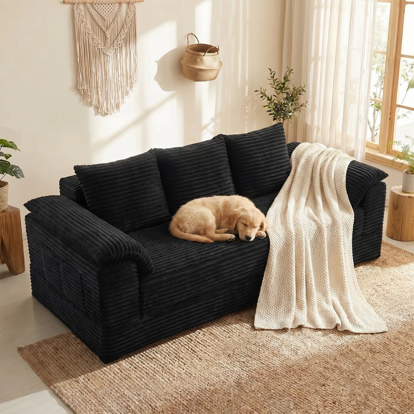 Oversized Black Striped Corduroy 3-Seater Sofa with Middle Cup Holder, Flipable Design, Customizable DIY Modular Couch, Soft Fluffy Plush Fabric Sofa, Wide Armrest Minimalist Leisure Furniture for Apartment, Bedroom & Living