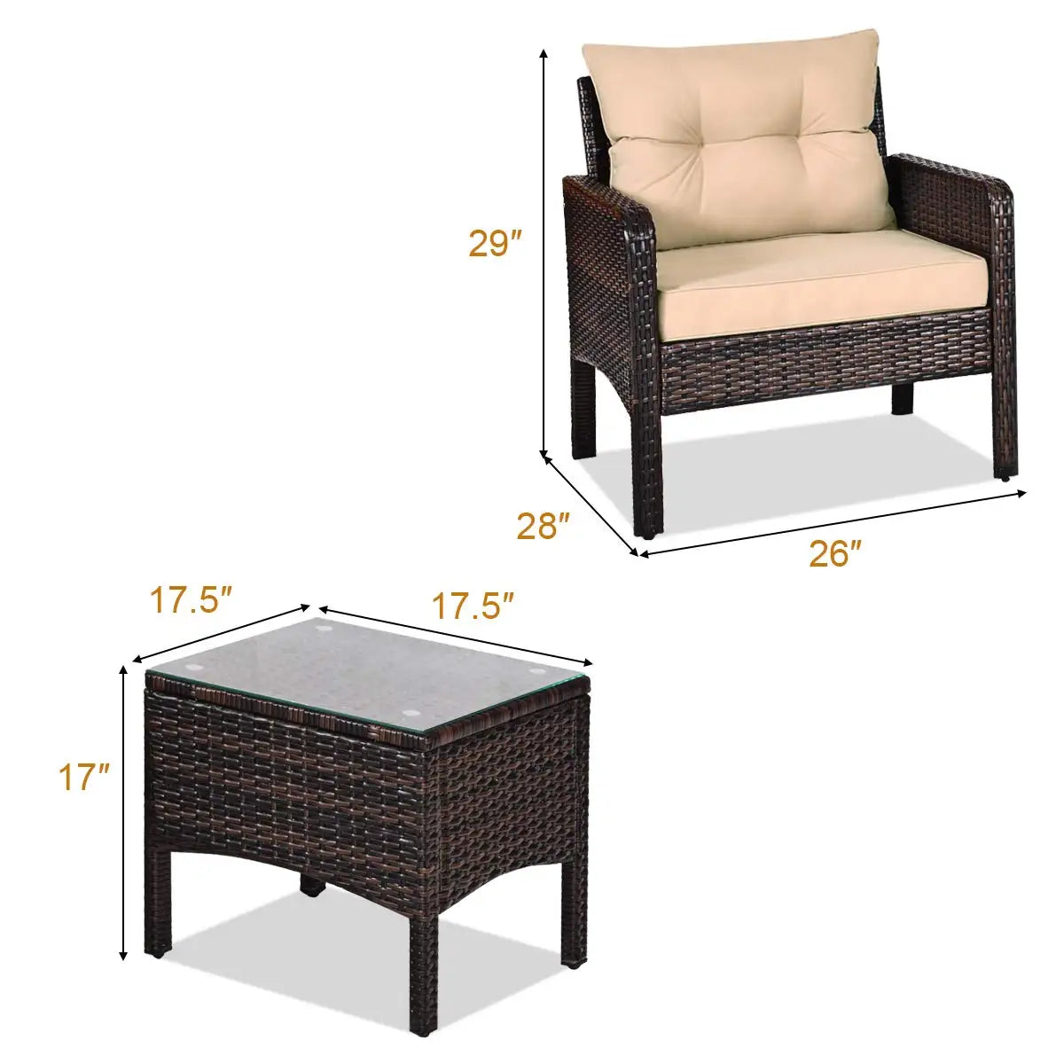 3-Piece Wicker Patio Sofa Set with Cushions & Table, All-Weather Outdoor Furniture for Balcony Deck Porch, Brown, Customized