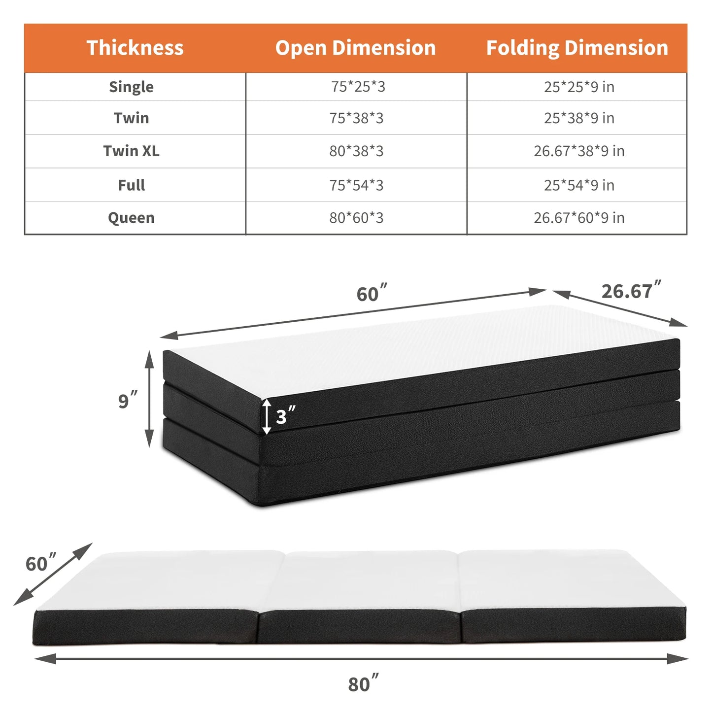 JHK 3-4Inch Soft Mattress Tri-Fold Memory Foam Mattress with Collapsible and Washable Cover Portable Floor Bed for Travel Yoga